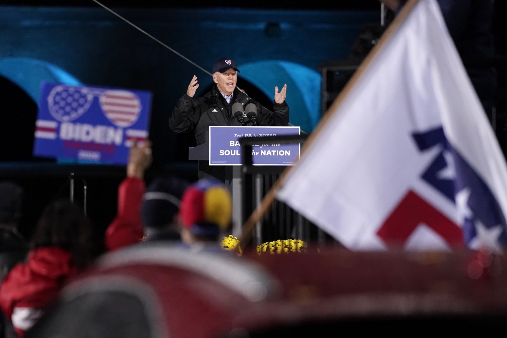 Democratic presidential candidate former Vice President Joe Biden speaks at a drive-in rally at Franklin Delano Roosevelt Park, Sunday, Nov. 1, 2020, in Philadelphia. 