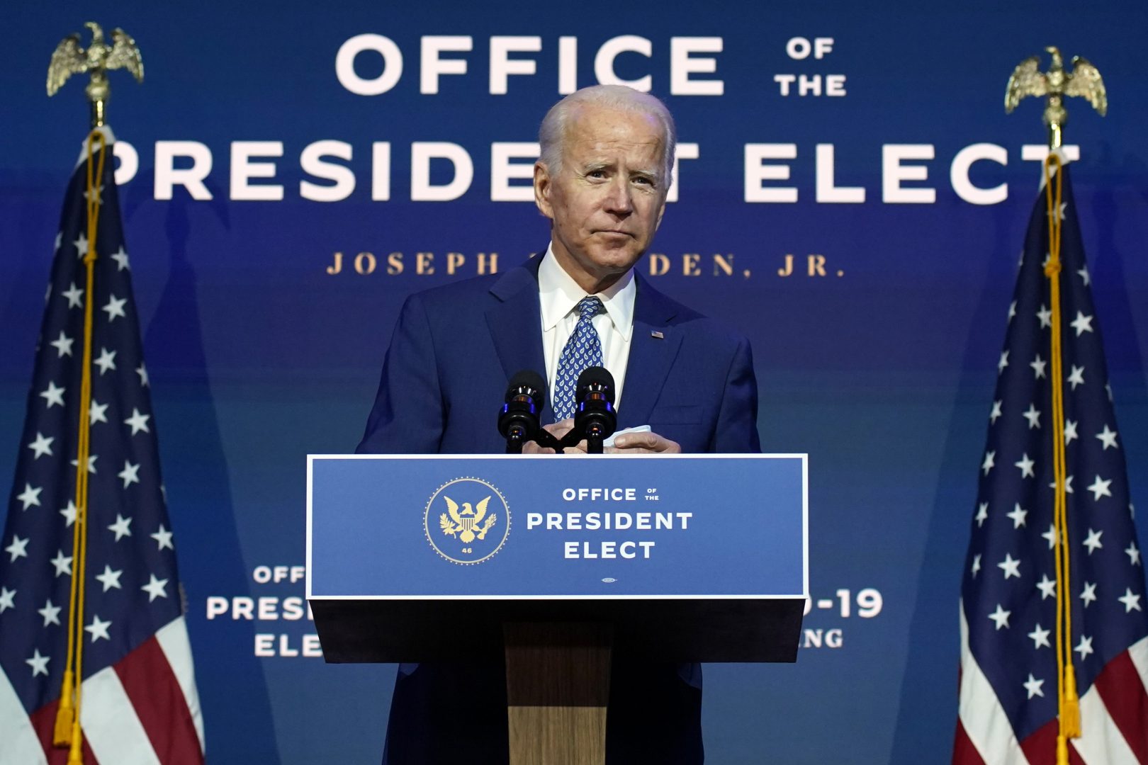 In this Nov. 9, 2020, file photo President-elect Joe Biden speaks at The Queen theater in Wilmington, Del. Biden says he wants to “restore the soul of America.” 