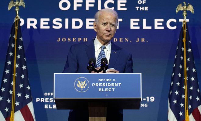 In this Nov. 9, 2020, file photo President-elect Joe Biden speaks at The Queen theater in Wilmington, Del. Biden says he wants to “restore the soul of America.” 