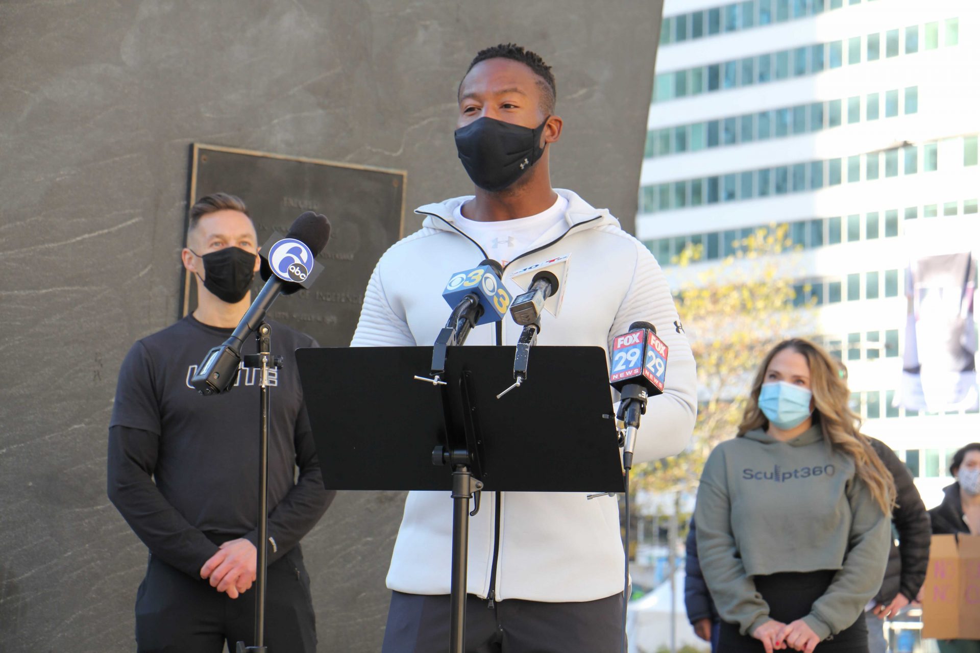 Philadelphia gym owners (from left) Gavin McKay, Osayi Osunde and Stephanie Luongo ask the city to reconsider shutting down gyms, citing their own data which they say shows their precautions against the spread of the COVID-19 are working.