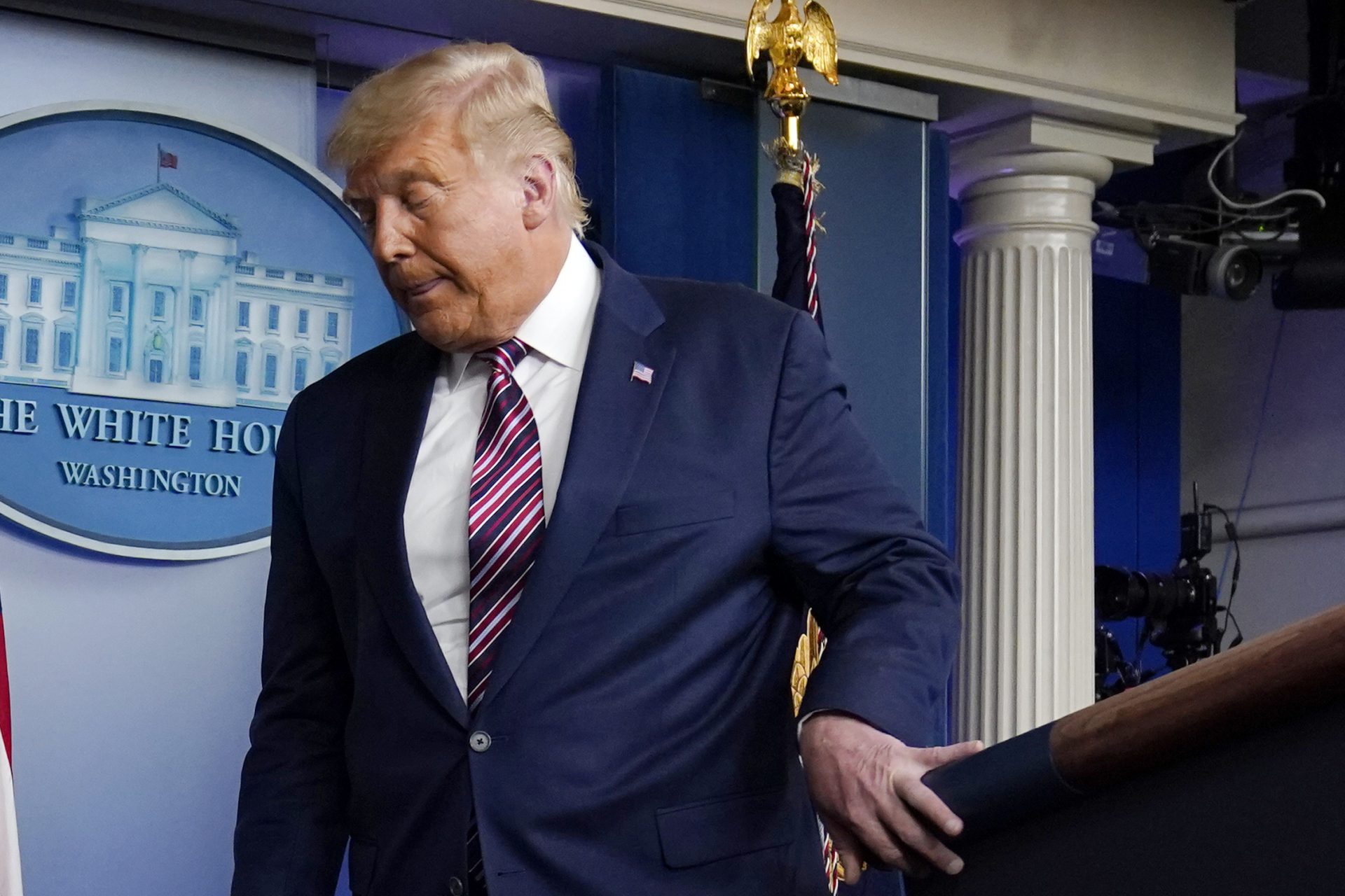 President Donald Trump leaves after speaking at the White House, Thursday, Nov. 5, 2020, in Washington.