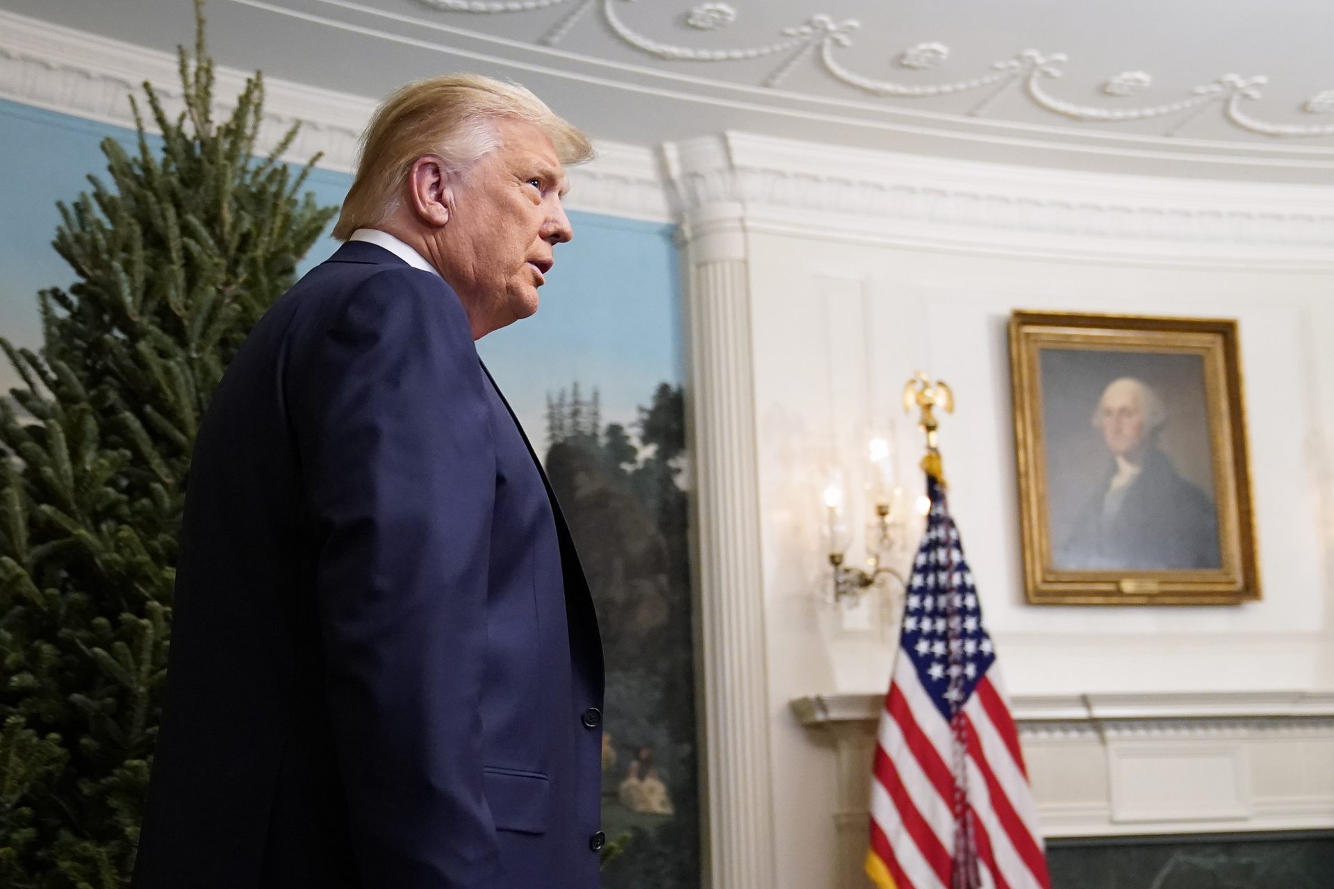 President Donald Trump arrives to participate in a video teleconference call with members of the military on Thanksgiving, Thursday, Nov. 26, 2020, at the White House in Washington.