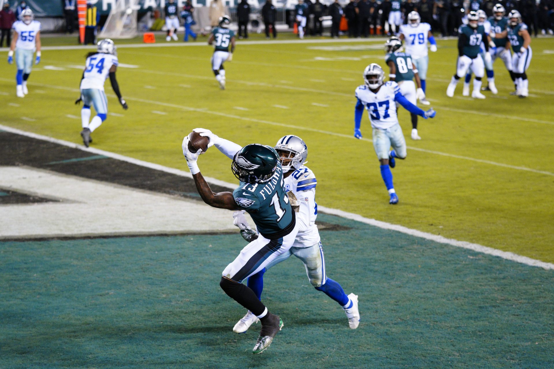 Philadelphia Eagles' Travis Fulgham (13) catches a touchdown pass against Dallas Cowboys' Trevon Diggs (27) during the second half of an NFL football game, Sunday, Nov. 1, 2020, in Philadelphia.