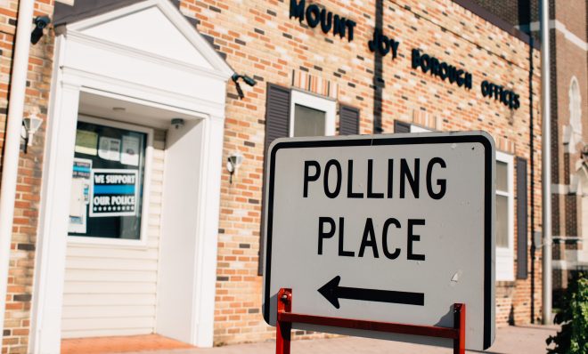 A sign outside the Mount Joy Borough Offices directs voters on Nov. 3, 2020.