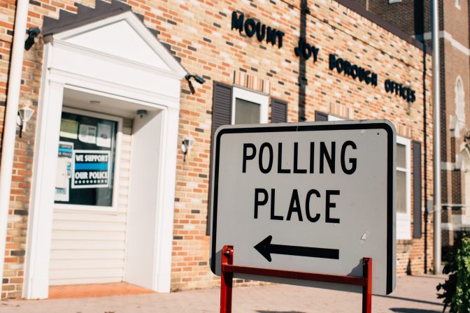 A sign outside the Mount Joy Borough Offices directs voters on Nov. 3, 2020.