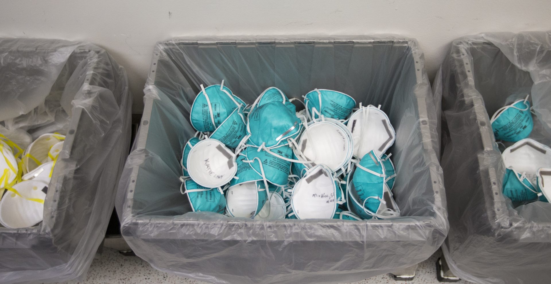 Used N95 masks are collected at Boston's Massachusetts General Hospital on April 13, 2020. Hospital staff wrote their names on the masks so each could be returned after being cleaned, a strategy used to alleviate critical shortages of respirator masks.