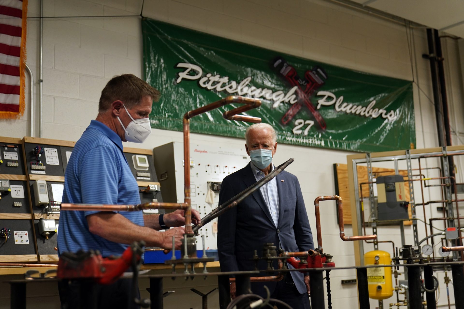 Democratic presidential candidate former Vice President Joe Biden visits the Plumbers Local Union No. 27 training center, Saturday, Oct. 10, 2020, in Erie, Pa.