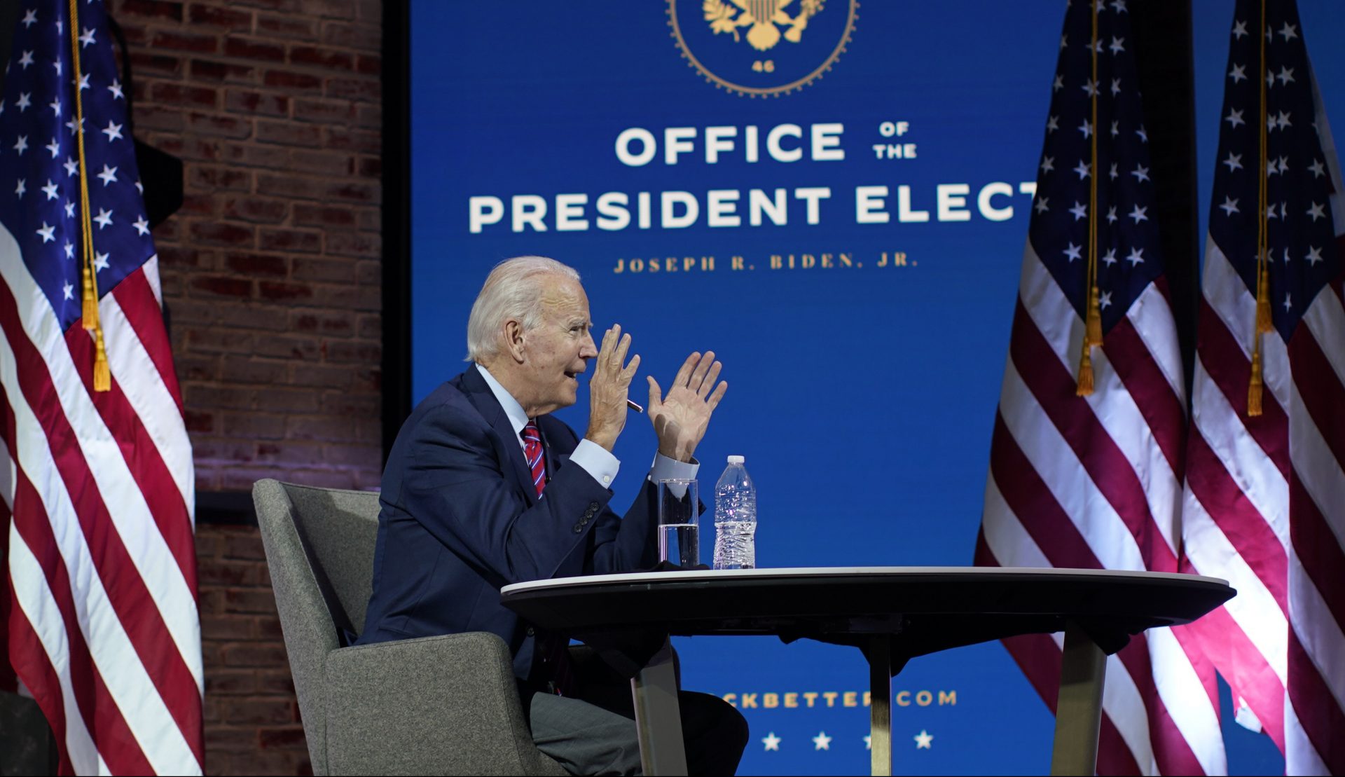 President-elect Joe Biden speaks as he meets virtually with the United States Conference of Mayors at The Queen theater Monday, Nov. 23, 2020, in Wilmington, Del.