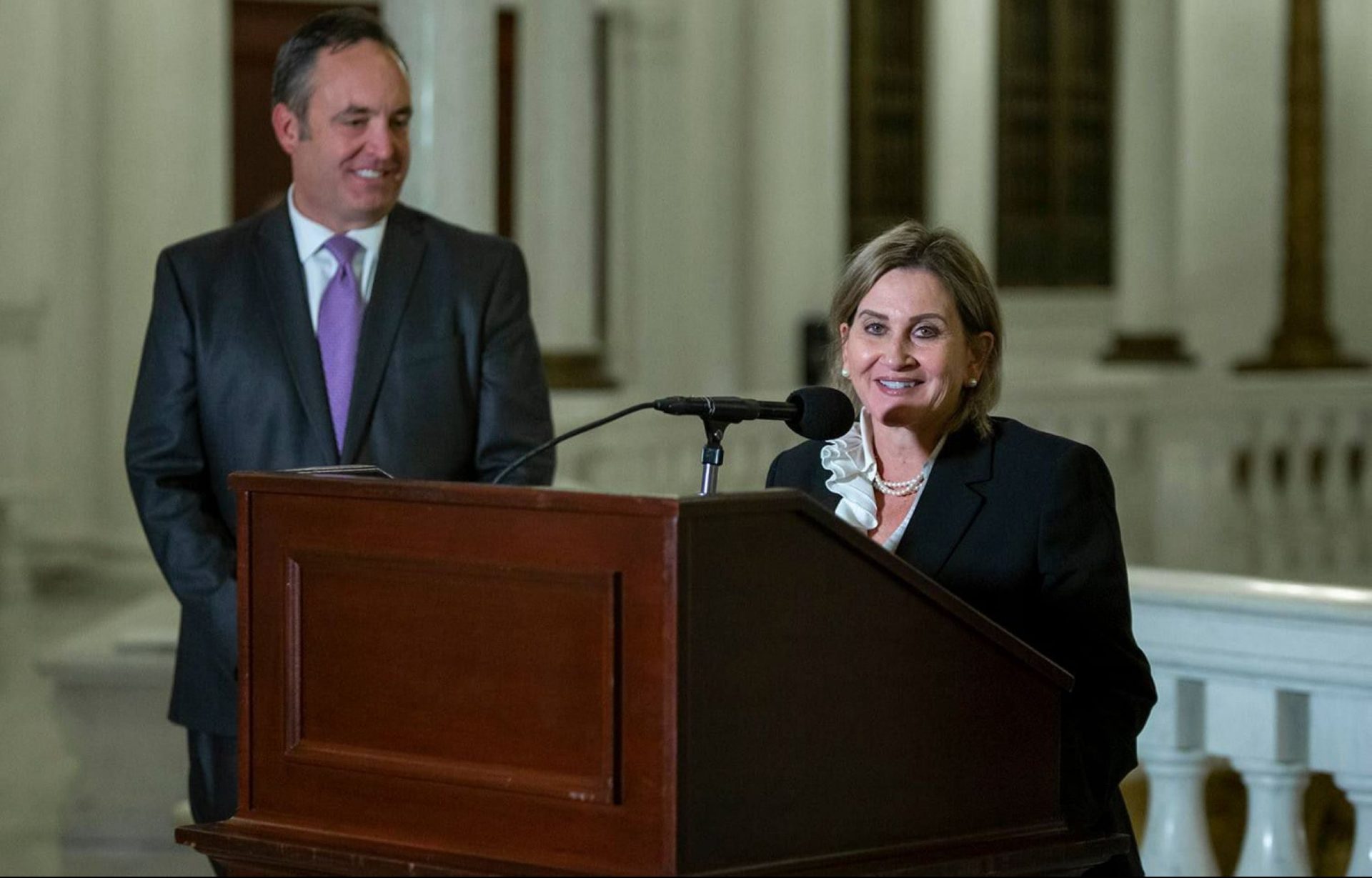 Sen. Kim Ward, a Republican, is the first woman to become majority leader in the General Assembly’s 338-year history, replacing Centre County’s Jake Corman (left).