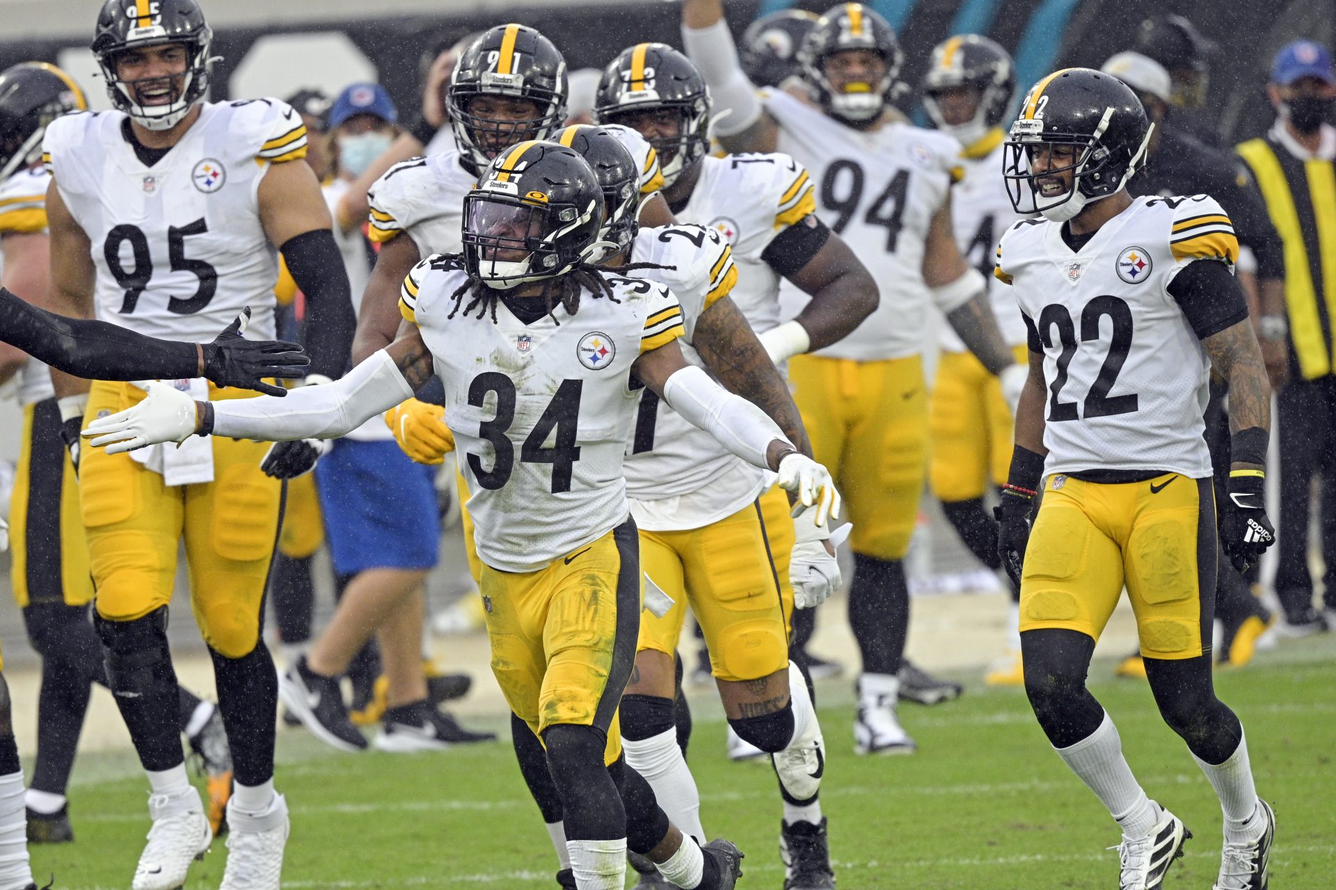 Pittsburgh Steelers safety Terrell Edmunds (34) celebrates with teammates after he intercepted a Jacksonville Jaguars pass during the second half of an NFL football game, Sunday, Nov. 22, 2020, in Jacksonville, Fla.