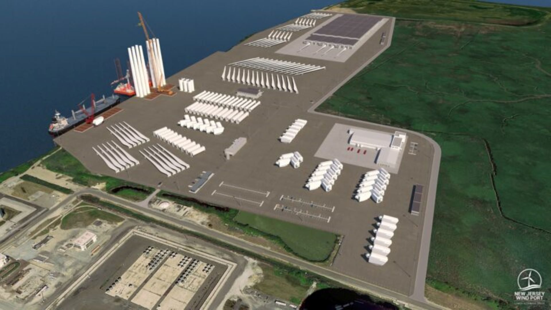 A rendering shows a southern view of the planned 30-acre marshalling port for the New Jersey Wind Port on Artificial Island in Lower Alloways Township and 130+ acres of adjacent manufacturing space. 