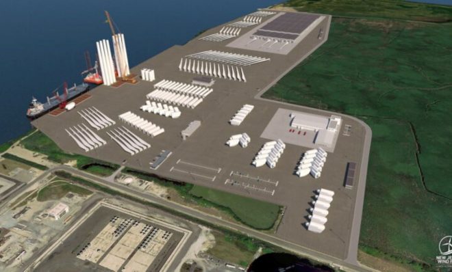 A rendering shows a southern view of the planned 30-acre marshalling port for the New Jersey Wind Port on Artificial Island in Lower Alloways Township and 130+ acres of adjacent manufacturing space. 