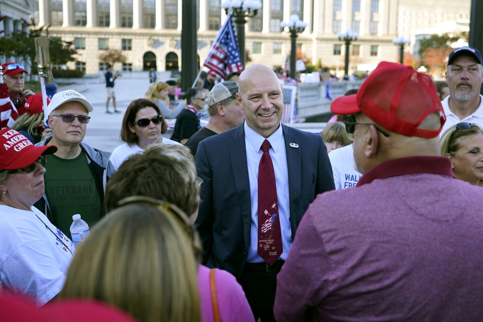 FILE PHOTO: Pennsylvania state Sen. Doug Mastriano, R-Franklin, center, speaks to supporters of President Donald Trump as they demonstrate outside the Pennsylvania State Capitol, Saturday, Nov. 7, 2020, in Harrisburg, Pa., after Democrat Joe Biden defeated Trump to become 46th president of the United States.