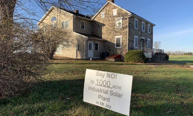 One of the many signs protesting a proposed solar project in Mount Joy Township, Adams County is seen here in front of the Iron Horse Inn on Nov. 24, 2020. Owner Tom Newhart said the project could hurt the tourism industry in the area, just outside Gettysburg. 