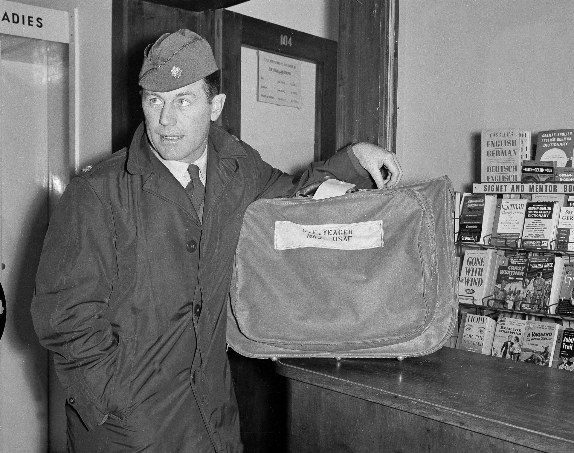 Maj. Chuck Yeager of the U.S. is seen at Frankfurt Rhine Main Air Base in Germany, Feb. 5, 1955.