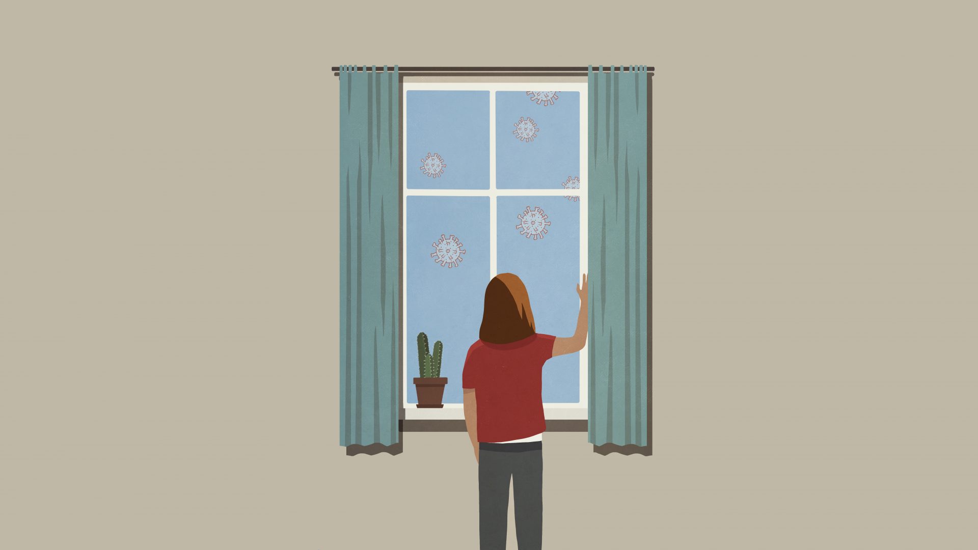 Illustration of a woman at her window, looking at floating coronavirus particles