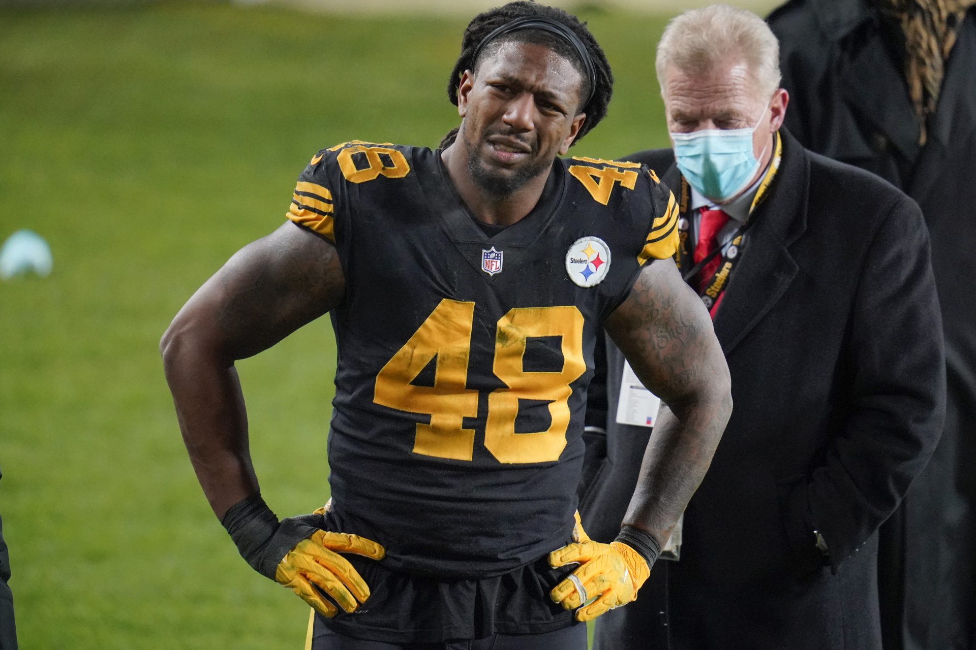 Pittsburgh Steelers outside linebacker Bud Dupree grimaces as walks on the sideline after being injured playing against the Baltimore Ravens during an NFL football game Wednesday, Dec. 2, 2020, in Pittsburgh.