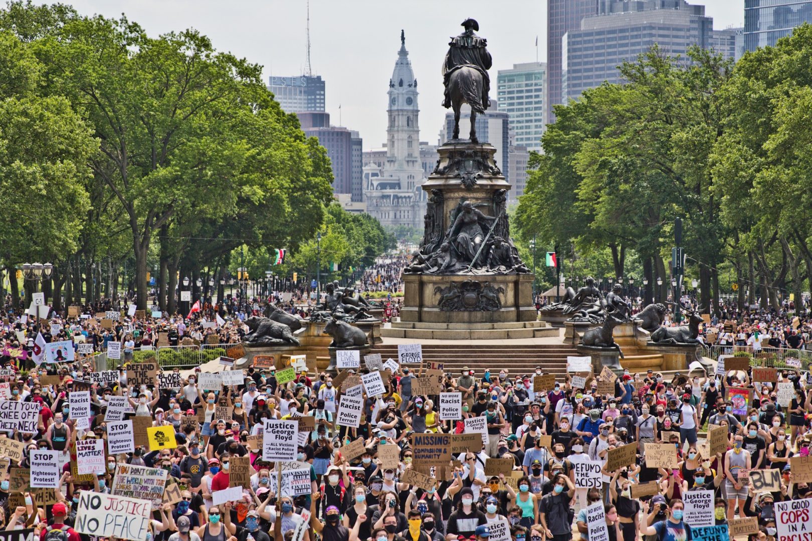 Protesters took over the Benjamin Franklin Parkway Saturday to hear speakers from the Philly Socialists, who along with demanding an end to police brutality and justice for George Floyd, called for fair housing, libraries, and healthcare for all. 