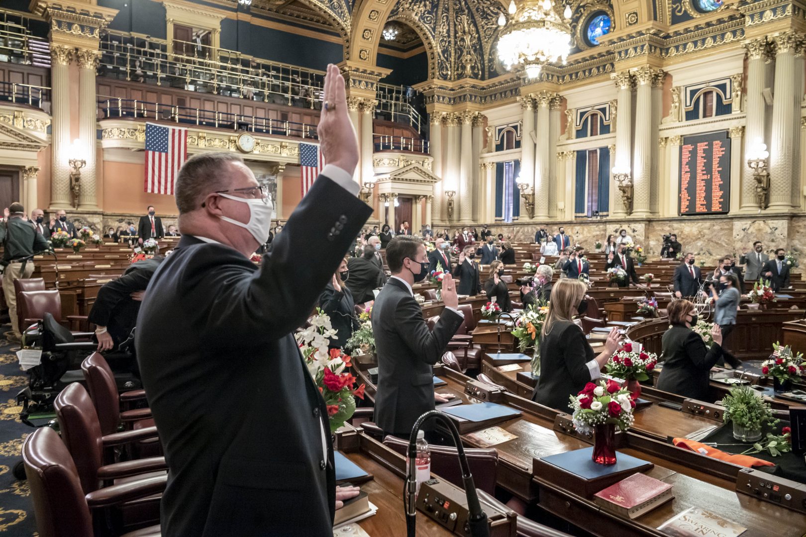 First term legislators of the Pennsylvania House of Representatives are sworn-in, Tuesday, Jan. 5, 2021, at the state Capitol in Harrisburg, Pa. The ceremony marks the convening of the 2021-2022 legislative session of the General Assembly of Pennsylvania.