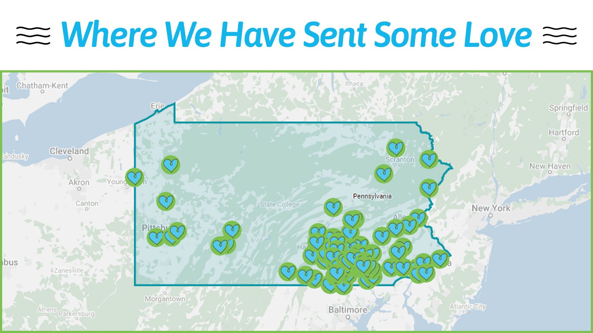 Each heart on the  “Fill PA With Love” map identifies a zip code where participants will send a postcard to someone “who could use a smile.” 