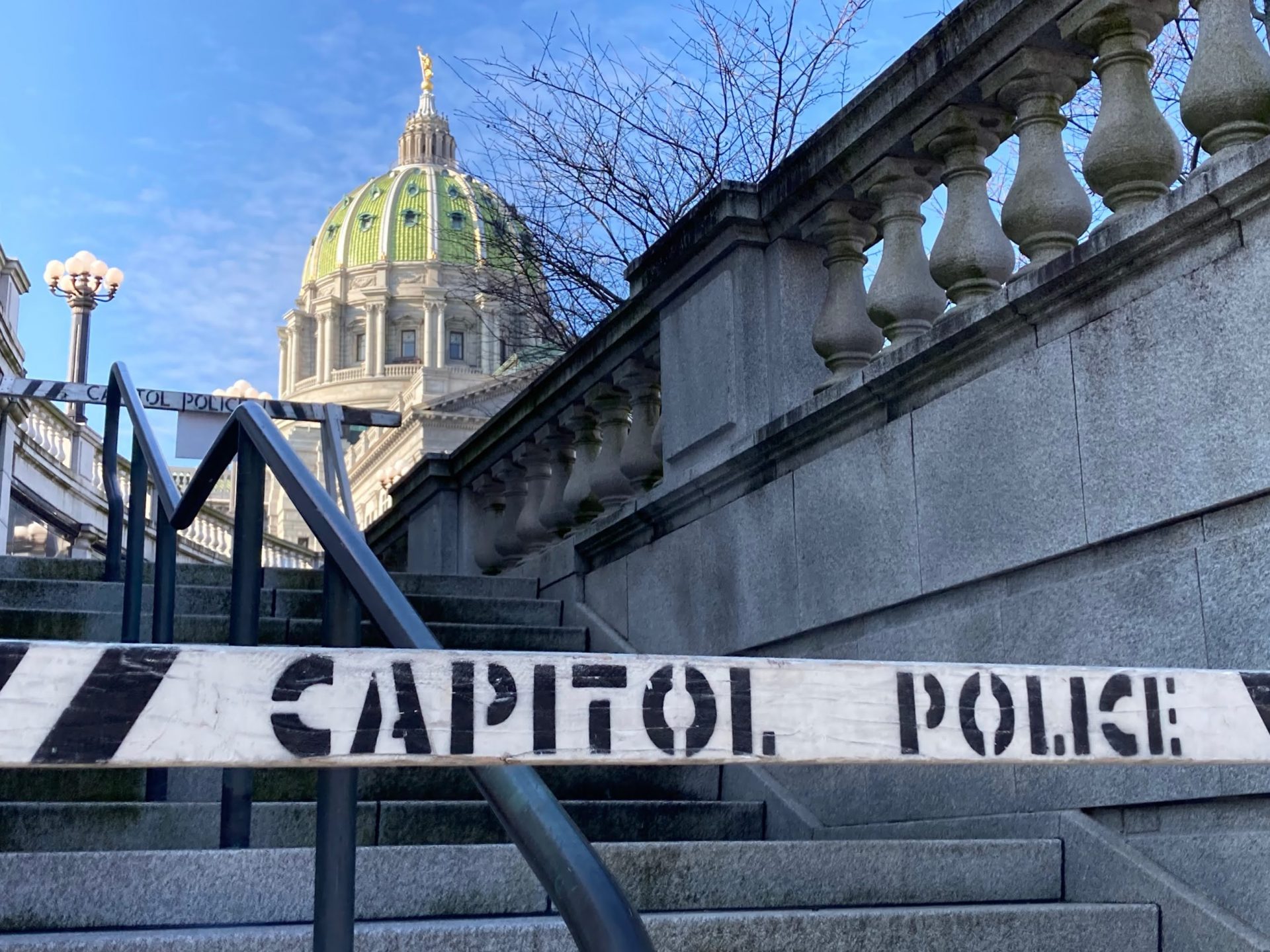 Barricades block stairs at the Pennsylvania Capitol on Jan. 12, 2021.