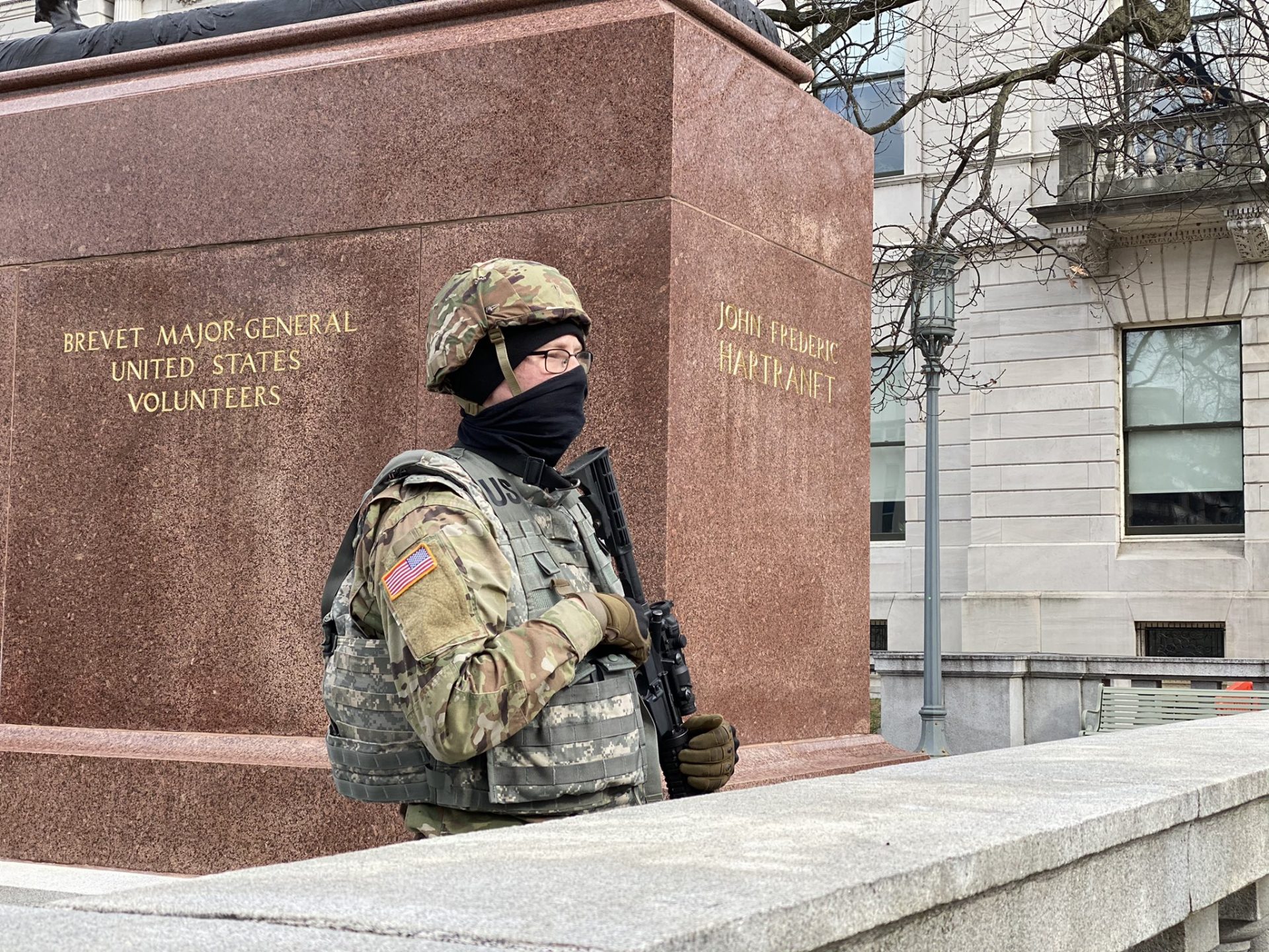 Pennsylvania Army National Guard soldiers protect entrance points around the Pennsylvania Capitol in preparation for possible protests on Sunday, Jan. 17, 2021.
