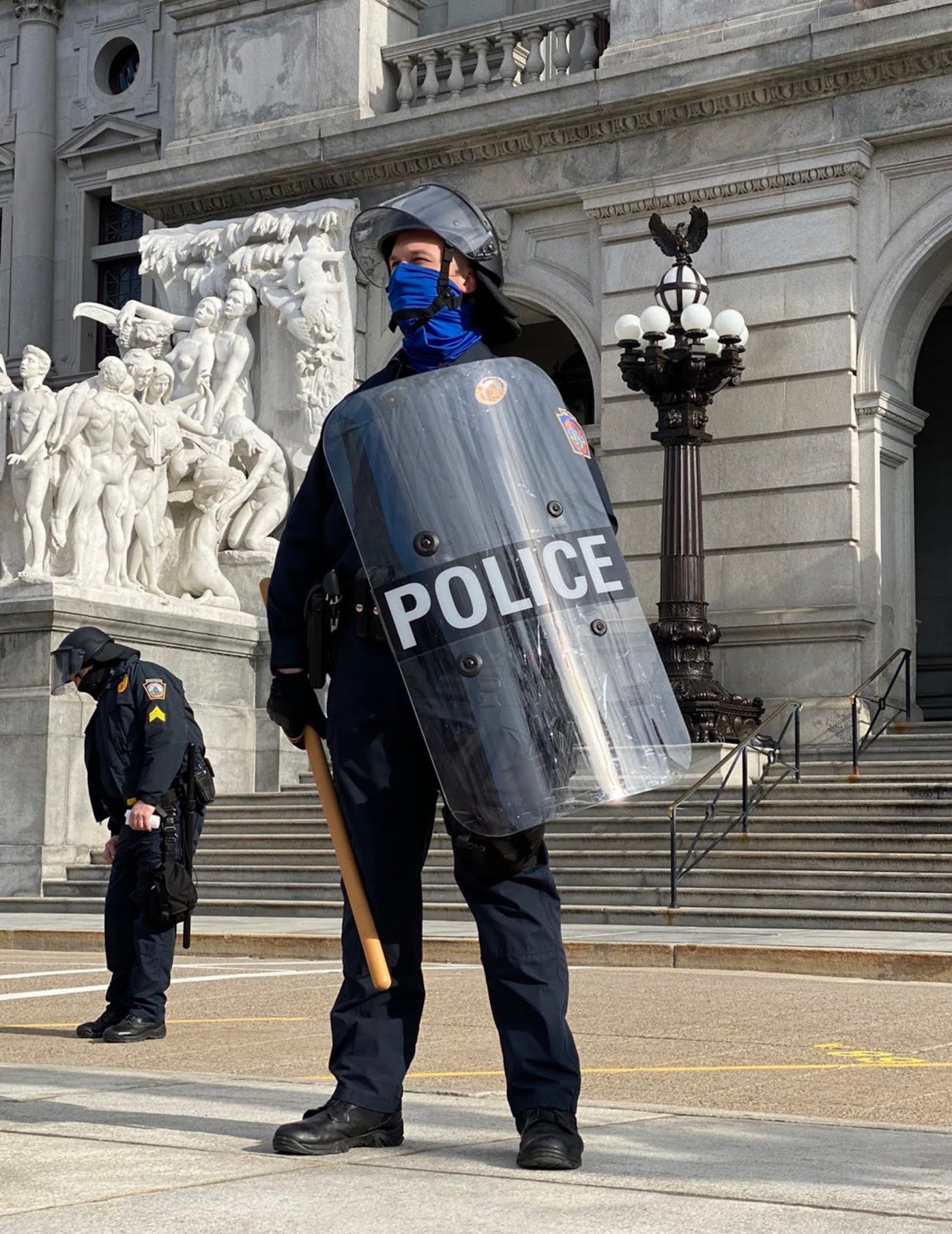 Pennsylvania State Police stand guard outside the Capitol for possible protests on Sunday, Jan. 17, 2021.