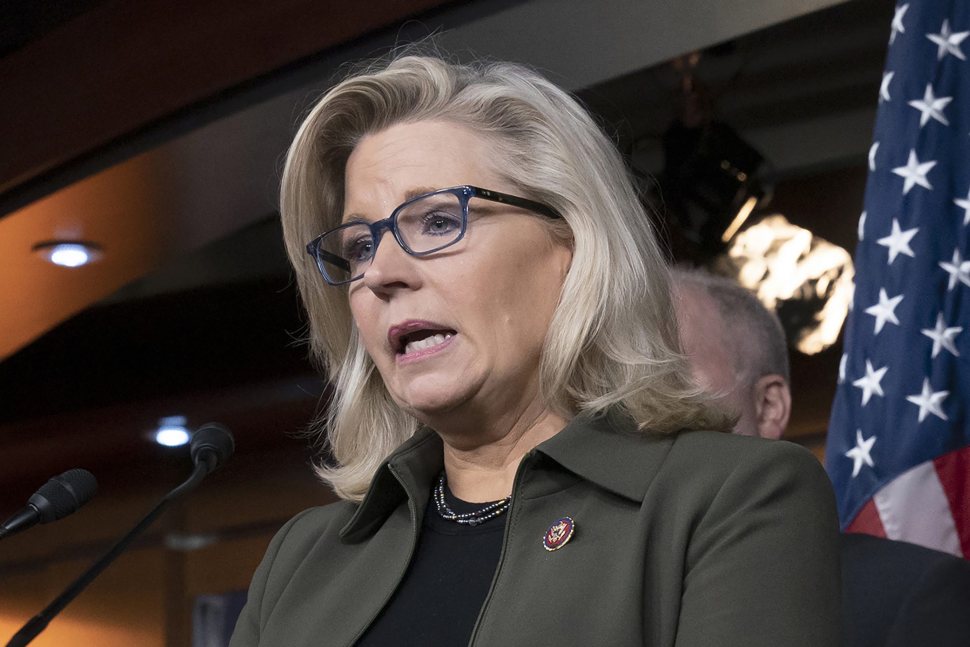 In this Dec. 17, 2019 file photo, Rep. Liz Cheney, R-Wyo., speaks with reporters at the Capitol in Washington.