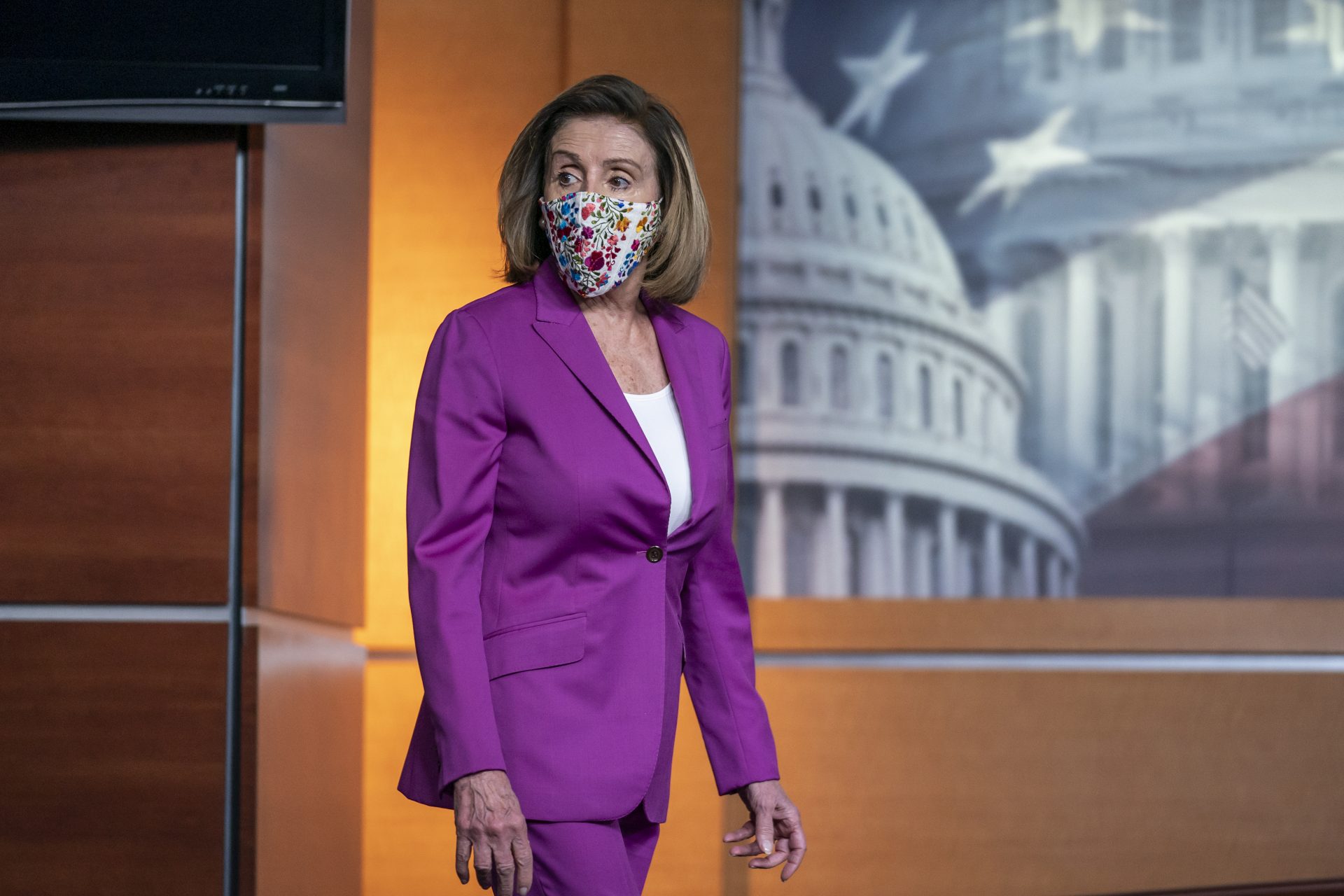 Speaker of the House Nancy Pelosi, D-Calif., holds a news conference on the day after violent protesters loyal to President Donald Trump stormed the U.S. Congress, at the Capitol in Washington, Thursday, Jan. 7, 2021.