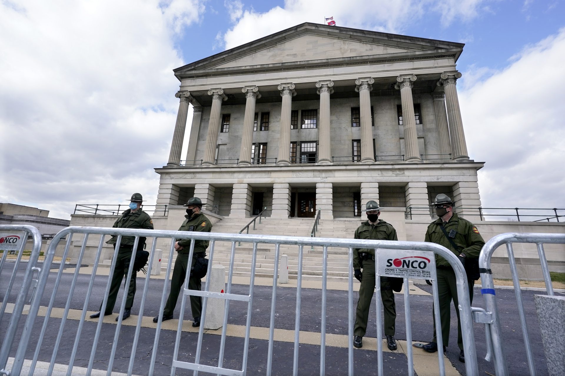 Tennessee State Troopers stand guard on the grounds of the State Capitol Sunday, Jan. 17, 2021, in Nashville, Tenn. The FBI has warned of the potential for armed protests at the nation's Capitol and all 50 state capitol buildings beginning this weekend.