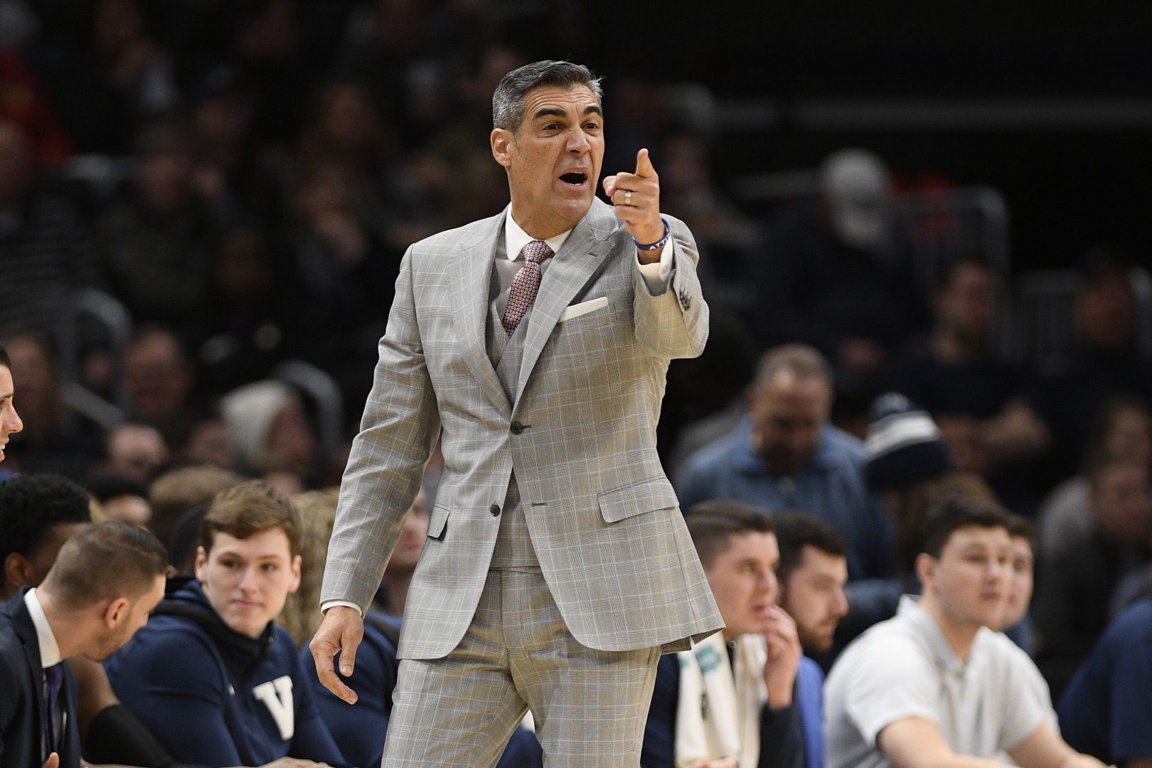 Villanova head coach Jay Wright gestures during the first half of an NCAA college basketball game against Georgetown in Washington, in this Saturday, March 7, 2020, file photo. Villanova coach Jay Wright was set to return to practice Tuesday following his bout with COVID-19. Those plans are on hold after two players tested positive Monday, Jan. 4, 2021, and the Wildcats were forced to postpone their next three games. 