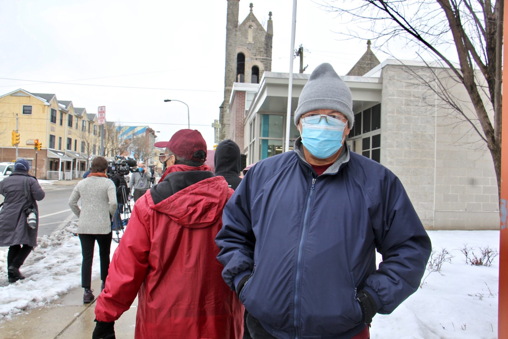 Hector Martinez, 63, waits in line at Philadelphia's first standing city-run COVID-19 vaccination clinic, which opened at the Martin Luther King Jr. Older Adult Center on Cecil B. Moore Avenue, Tuesday, Feb. 23, 2021.