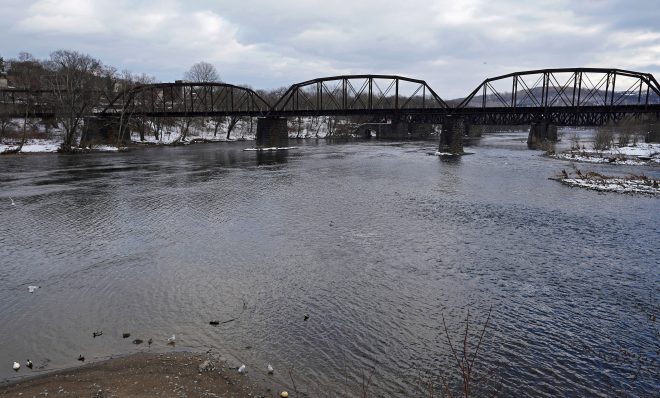 The Forks of the Delaware River is seen from Scott Park in Easton, Pennsylvania. The area is where the Lehigh River intersects with the Delaware River. (Matt Smith/WHYY)