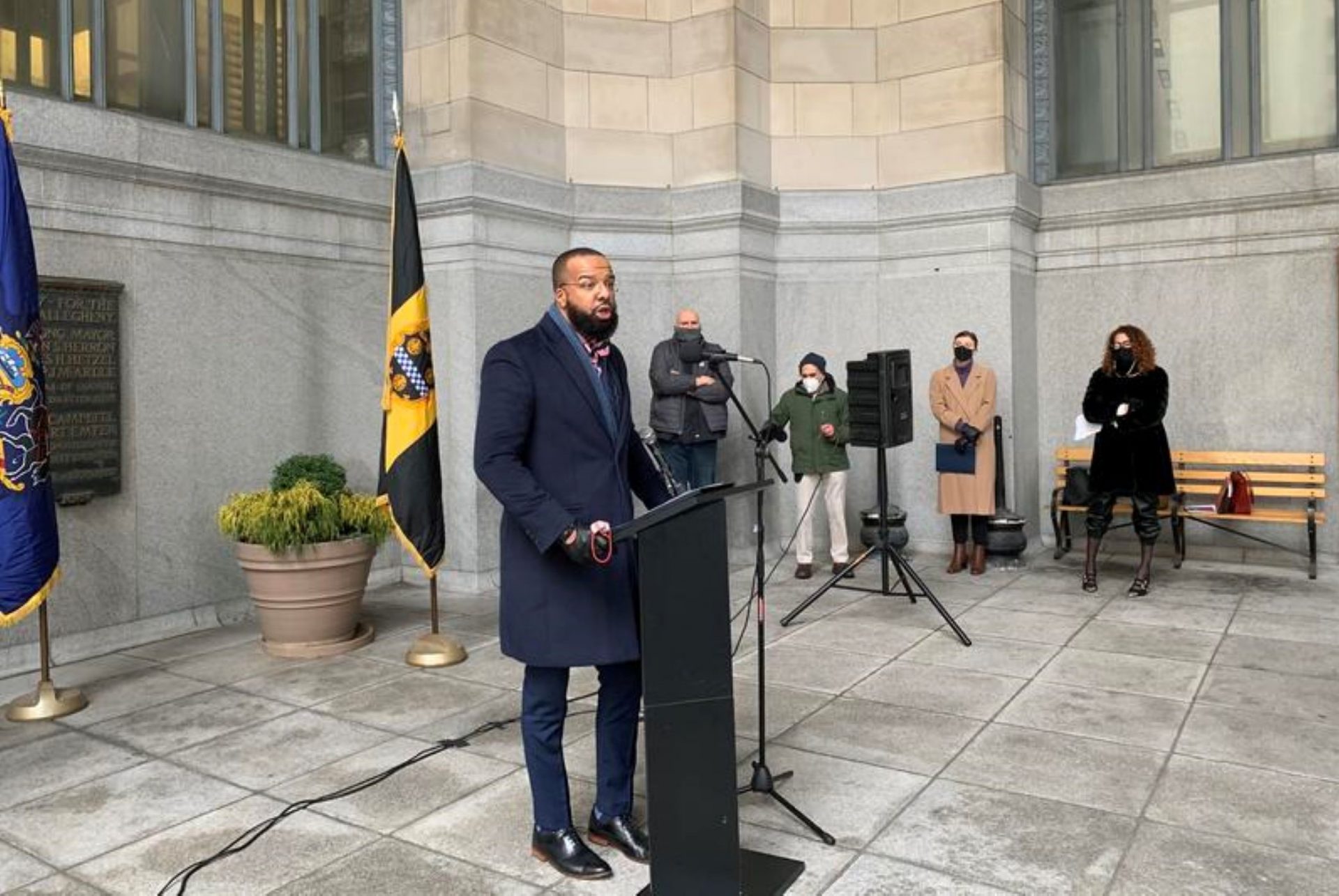 The Secretary of Pennsylvania's Board of Pardons, Brandon Flood, speaks outside Pittsburgh's City-County Building Friday, Feb. 12, 2021.