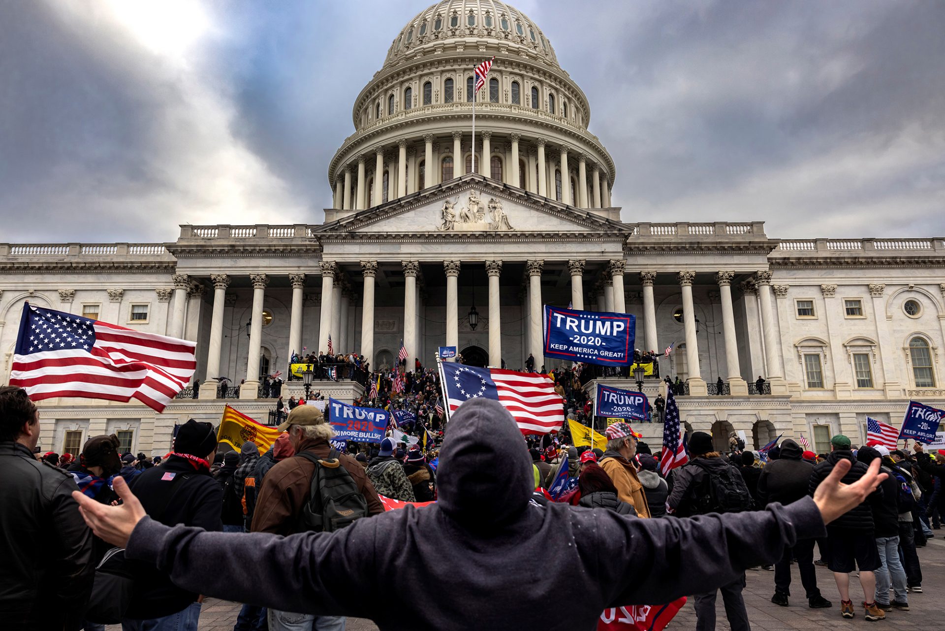 Pro-Trump protesters gather in front of the U.S. Capitol Building on Jan. 6, 2021 in Washington, D.C. They gathered to protest the ratification of President-elect Joe Biden's Electoral College victory over President Trump in the 2020 election. A pro-Trump mob later stormed the Capitol, breaking windows and clashing with police officers. Five people died as a result.