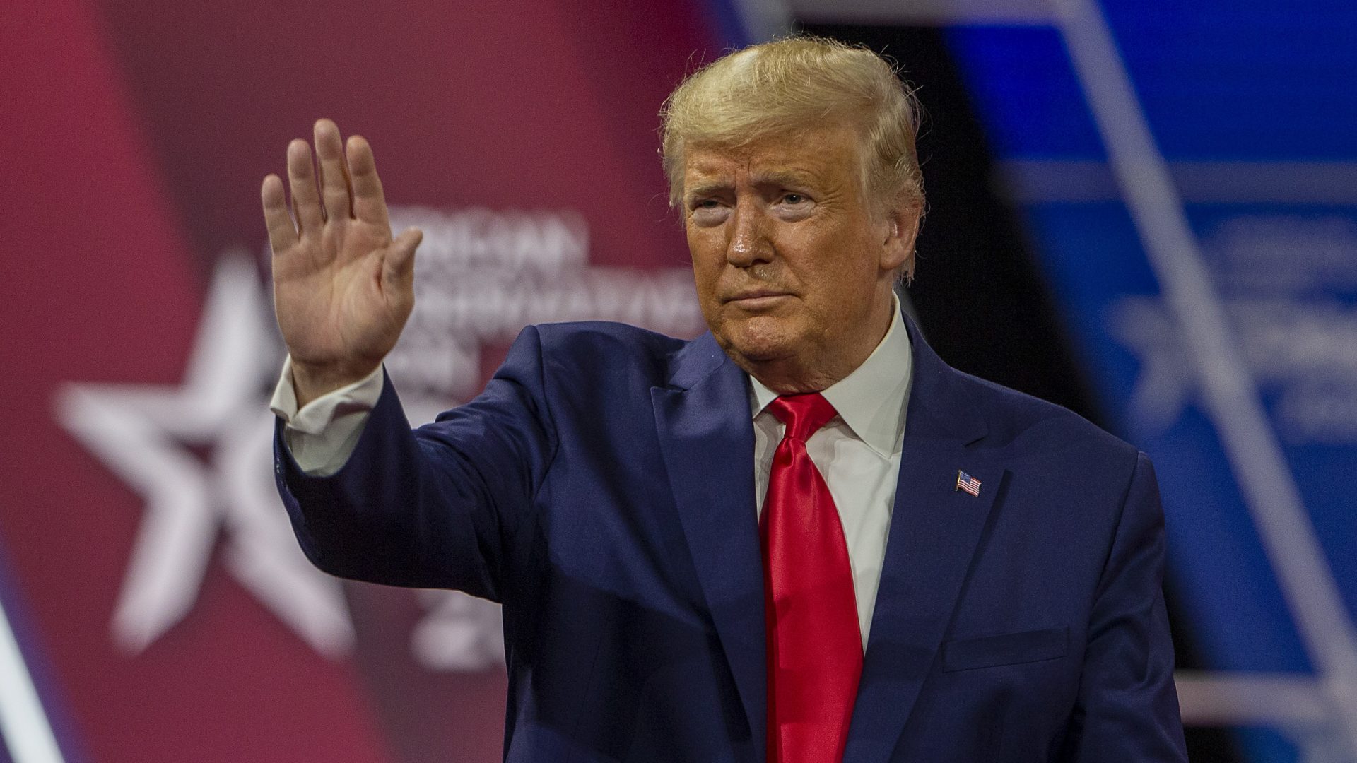 NATIONAL HARBOR, MARYLAND - FEBRUARY 29: President Donald Trump acknowledges the crowd during the annual Conservative Political Action Conference (CPAC) at Gaylord National Resort & Convention Center February 29, 2020 in National Harbor, Maryland. Conservatives gather at the annual event to discuss their agenda.  (Photo by Tasos Katopodis/Getty Images)