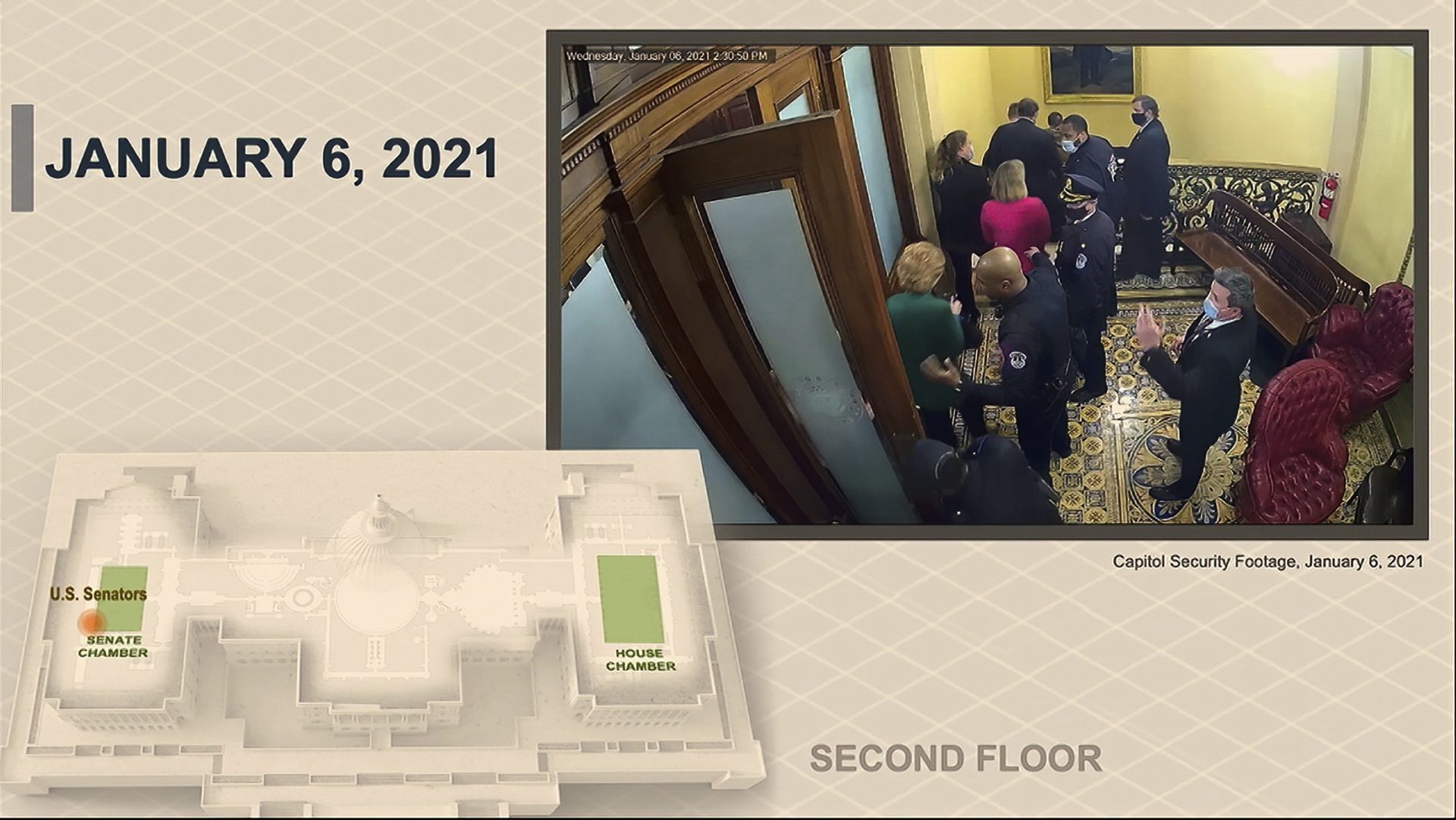 In this image from video, security video of senators and staff being evacuated from the Senate chamber is shown to senators as House impeachment manager Rep. Eric Swalwell, D-Calif., speaks during the second impeachment trial of former President Donald Trump in the Senate at the U.S. Capitol in Washington, Wednesday, Feb. 10, 2021.