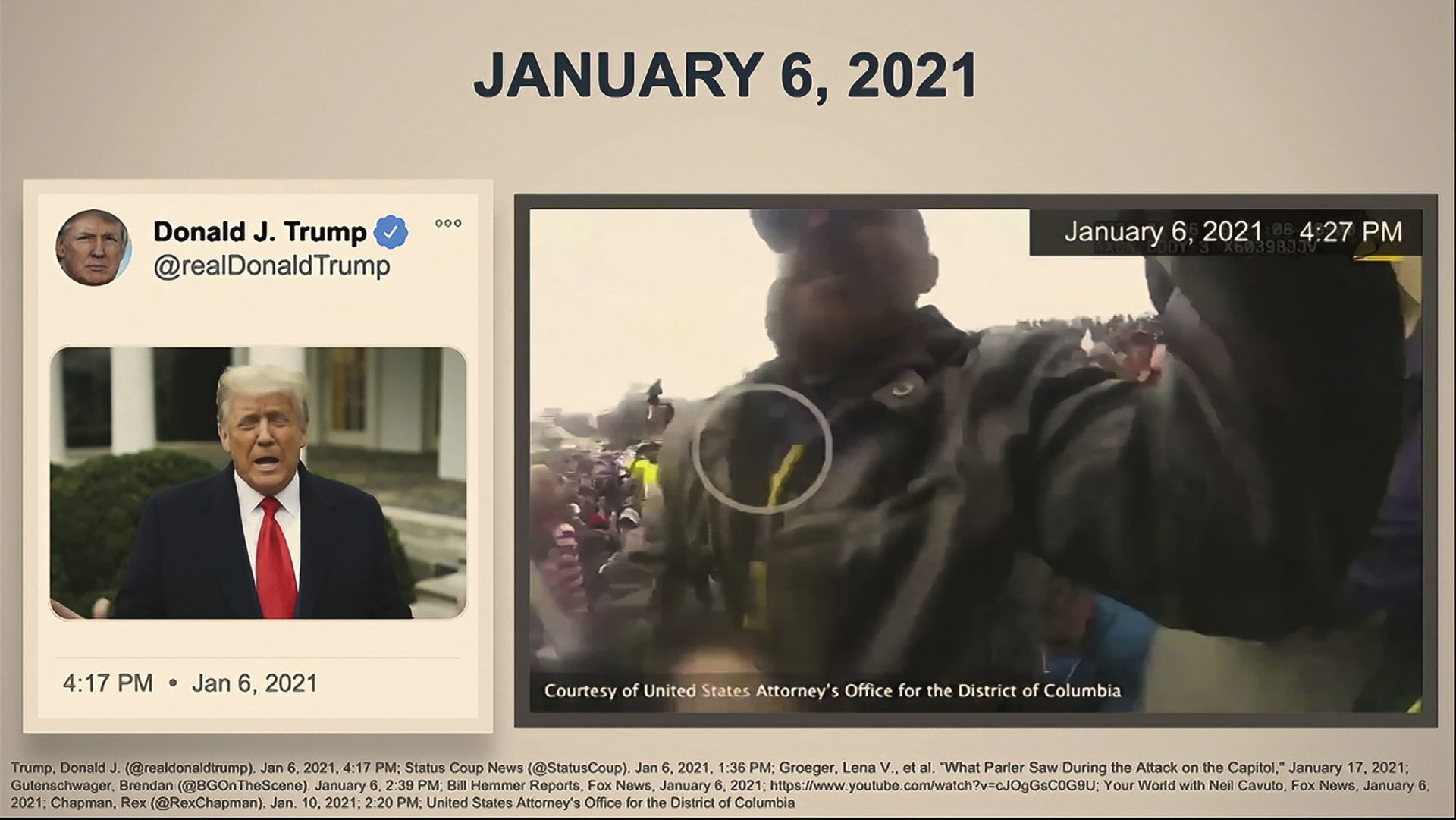 In this image from video, a video from Donald Trump is paired with police bay cam footage, as it is shown to senators as House impeachment manager Rep. Joaquin Castro, D-Texas, speaks during the second impeachment trial of former President Donald Trump in the Senate at the U.S. Capitol in Washington, Wednesday, Feb. 10, 2021.