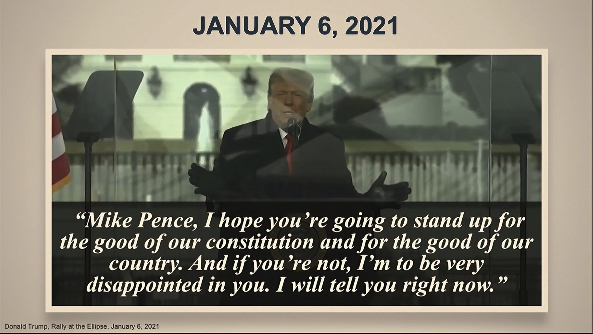 In this image from video, a quote is displayed on a photo, part of the prosecution evidence presented by House impeachment manager Rep. Joaquin Castro, D-Texas, during the second impeachment trial of former President Donald Trump in the Senate at the U.S. Capitol in Washington, Wednesday, Feb. 10, 2021.