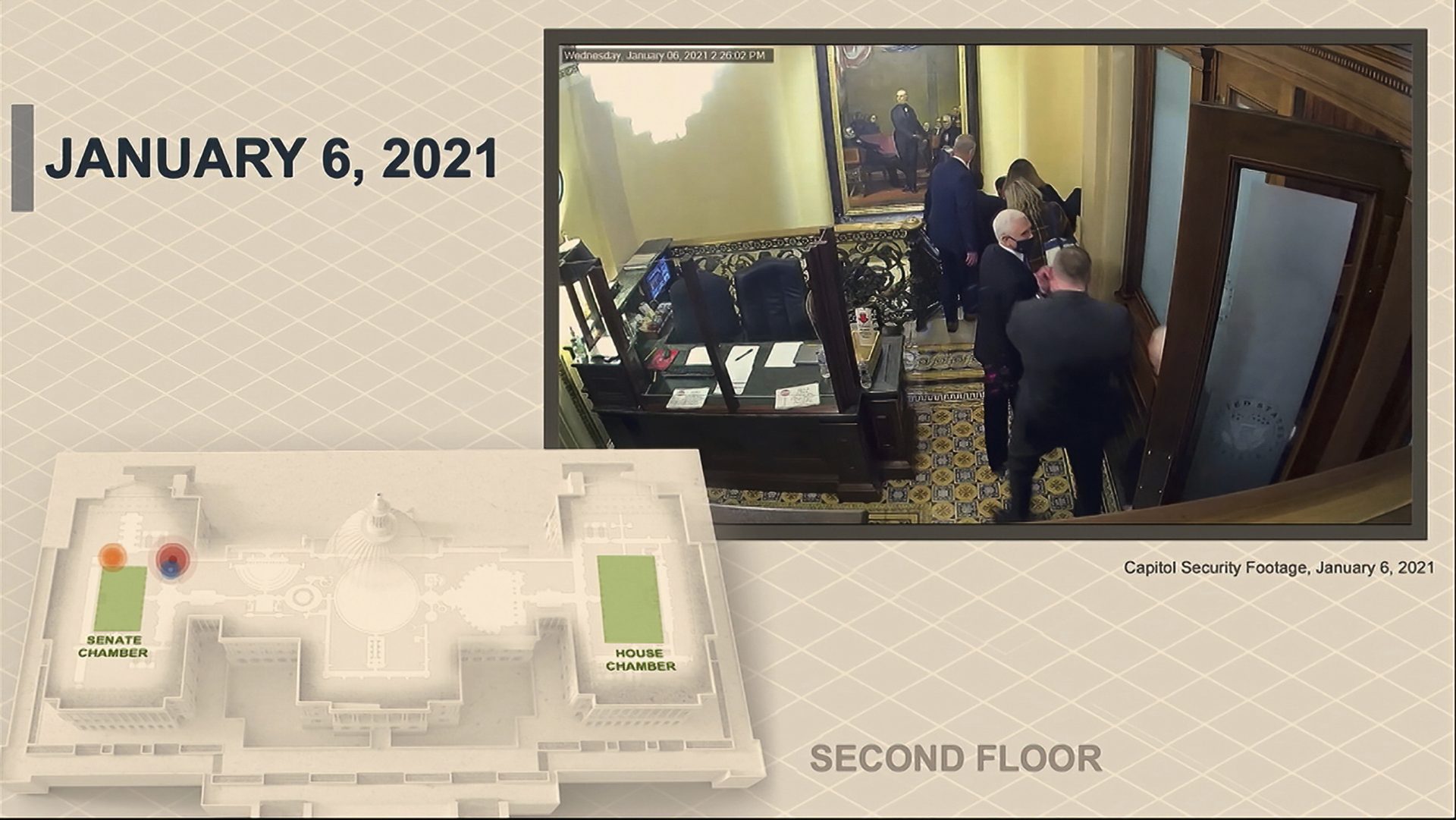 In this image from video, a security video shows Vice President Mike Pence being evacuated as rioters breach the Capitol, as House impeachment manager Del. Stacey Plaskett, D-Virgin Islands, speaks during the second impeachment trial of former President Donald Trump in the Senate at the U.S. Capitol in Washington, Wednesday, Feb. 10, 2021.