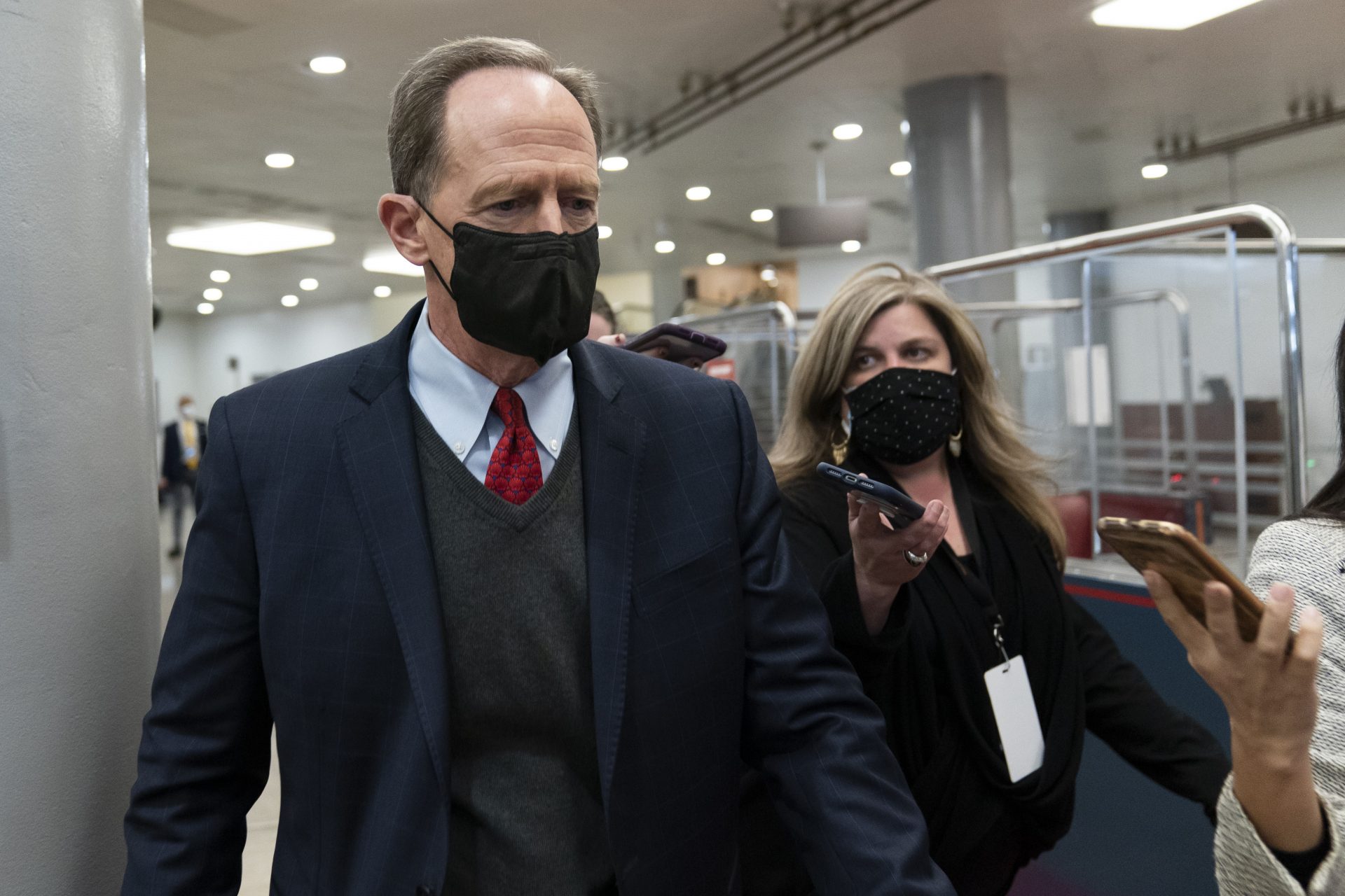 Sen. Pat Toomey, R-Pa., departs on Capitol Hill in Washington, Saturday, Feb. 13, 2021, after the Senate acquitted former President Donald Trump in his second impeachment trial in the Senate at the U.S. Capitol in Washington, Saturday, Feb. 13, 2021. Trump was accused of inciting the Jan. 6 attack on the U.S. Capitol, and the acquittal gives him a historic second victory in the court of impeachment.