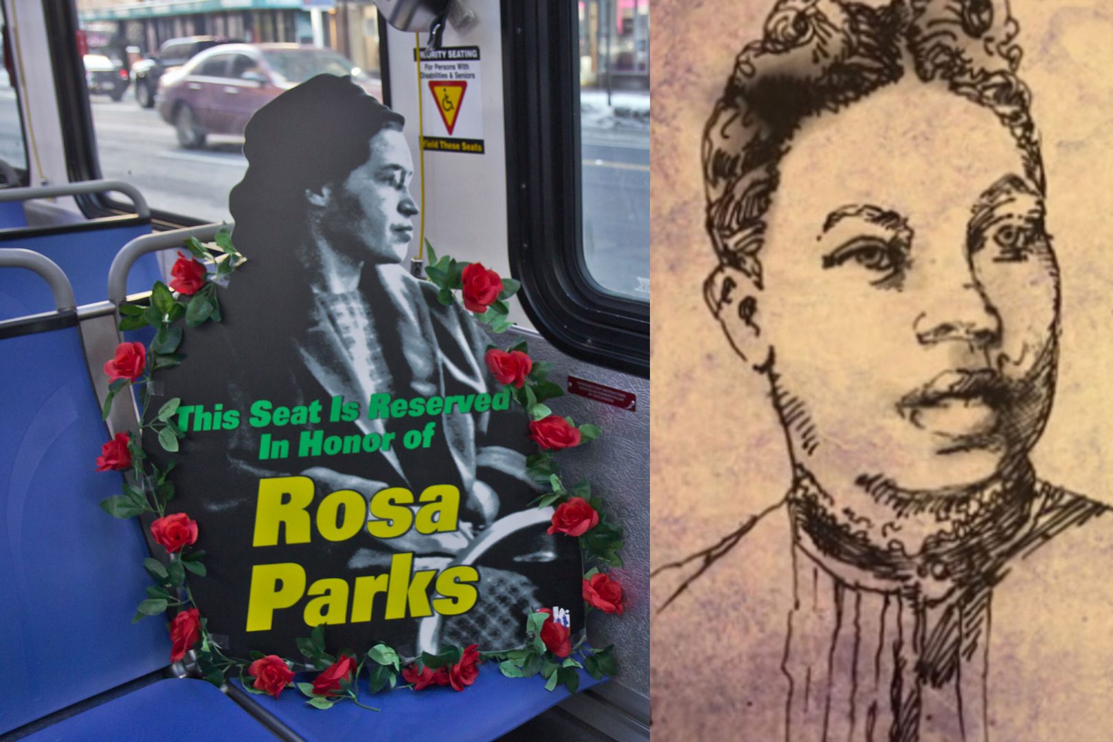 Left: Rosa Parks honored during SEPTA ceremony (Kimberly Paynter/WHYY) Right: Caroline LeCount (Courtesy of Transportationhistory.org)