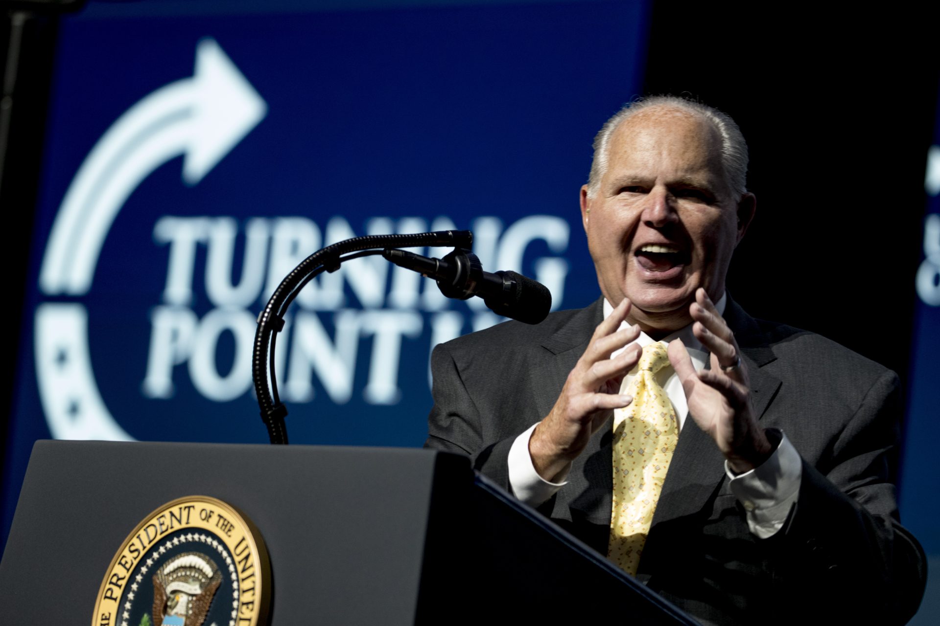 Radio personality Rush Limbaugh speaks before introducing President Donald Trump at the Turning Point USA Student Action Summit at the Palm Beach County Convention Center in West Palm Beach, Fla., Saturday, Dec. 21, 2019.