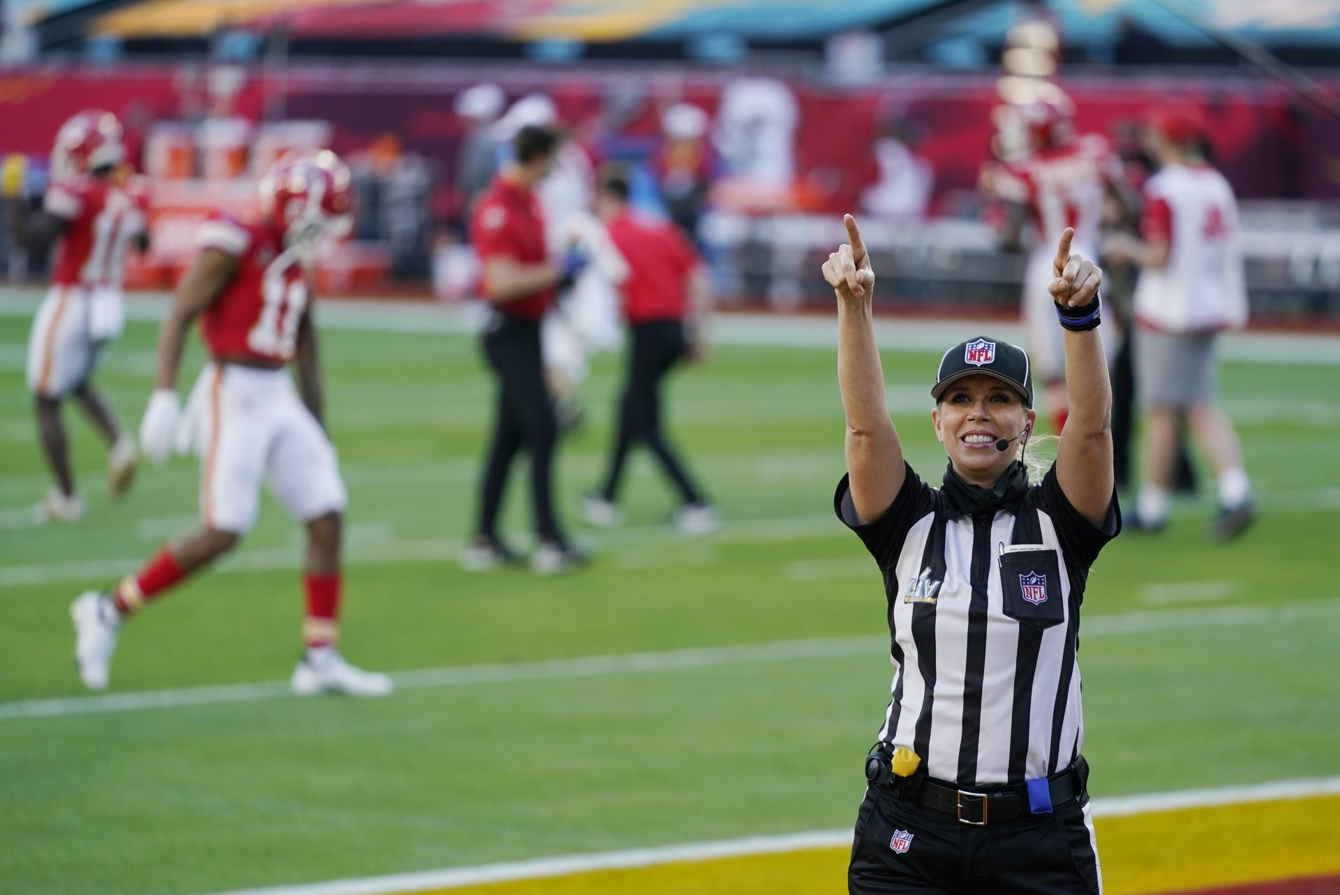 Down judge Sarah Thomas (53) arrives before the NFL Super Bowl 55 football game between the Kansas City Chiefs and Tampa Bay Buccaneers, Sunday, Feb. 7, 2021, in Tampa, Fla.