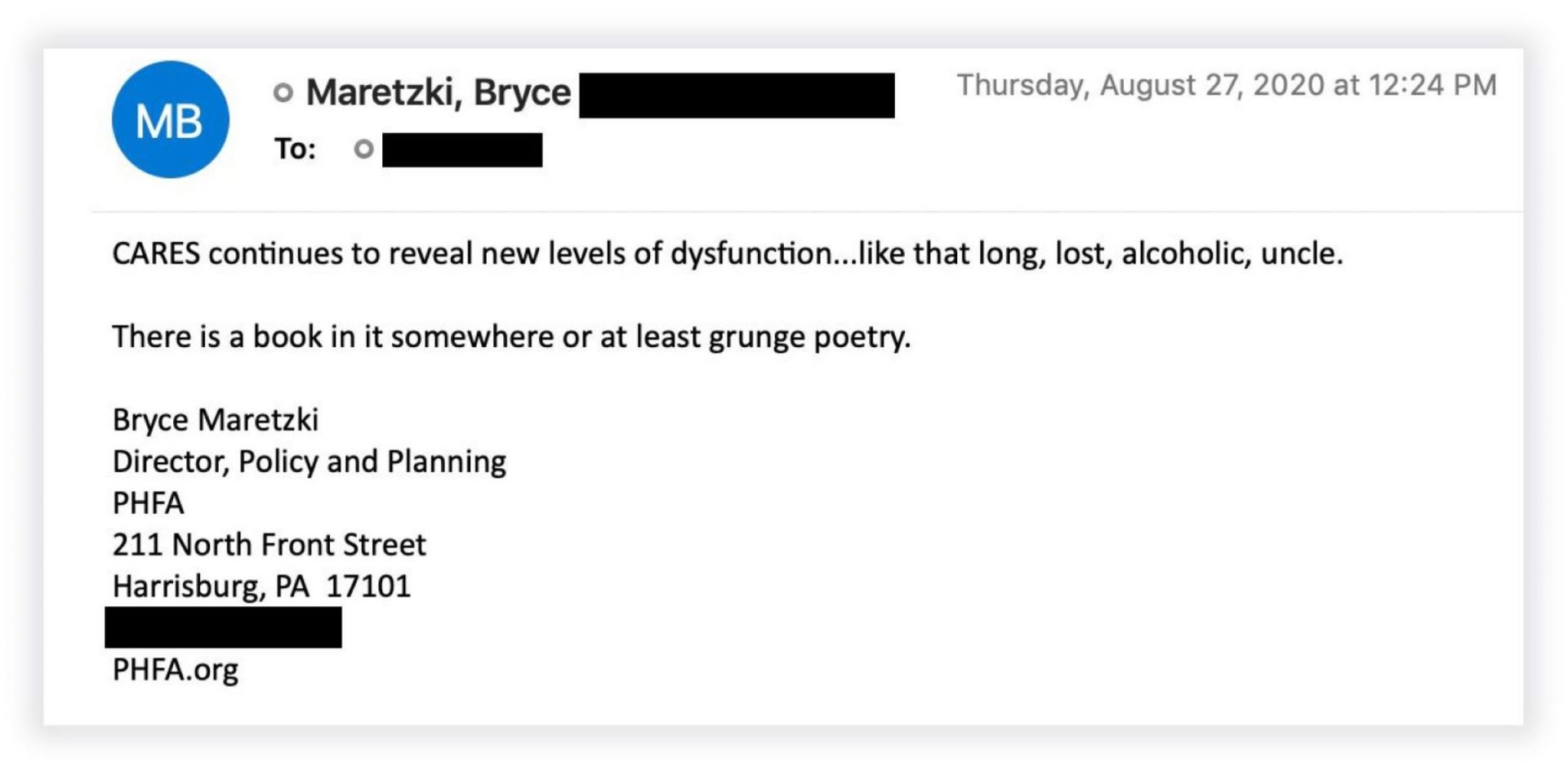 In an email, Bryce Maretzki, a senior official at the Pennsylvania Housing Finance Agency, complained about the problems of the state's CARES-funded rental assistance program. Email addresses and phone numbers have been redacted.