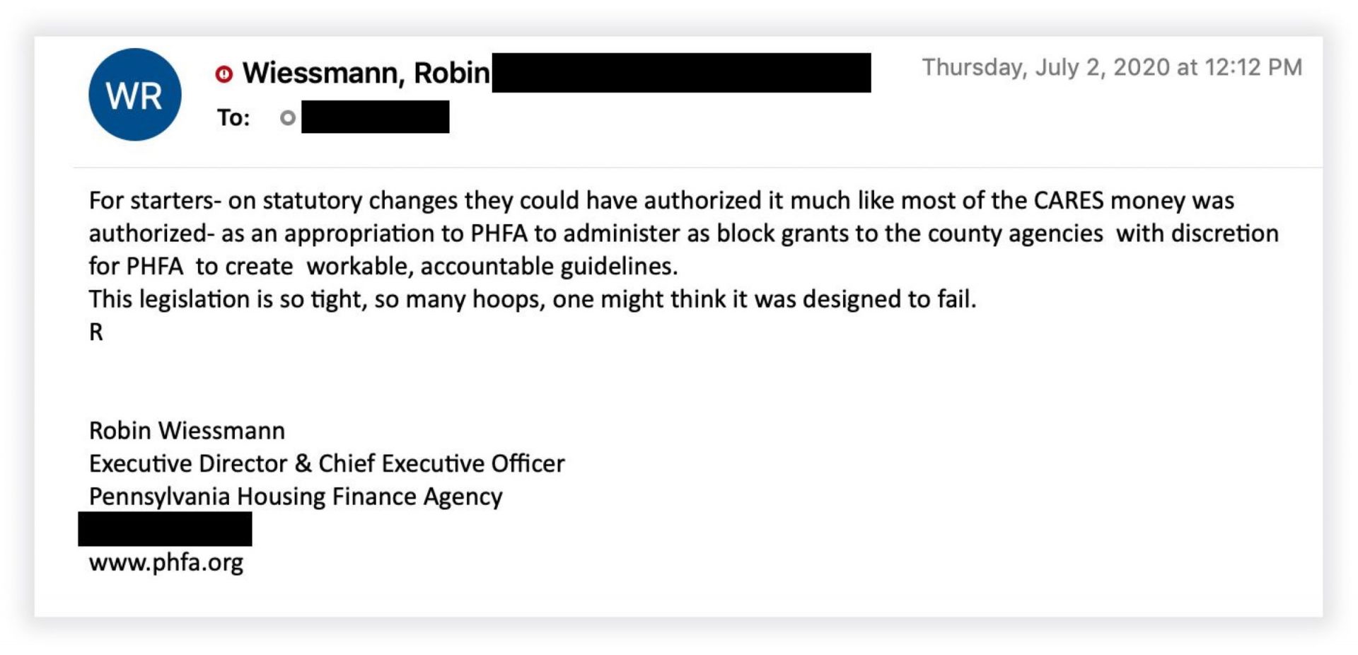 Pennsylvania Housing Finance Agency Executive Director Robin Wiessmann vented to Gov. Tom Wolf’s deputy chief of staff about restrictions in the state law that created the rent relief program. Wiessmann later called the remarks “hyperbole.” Email addresses and phone numbers have been redacted.