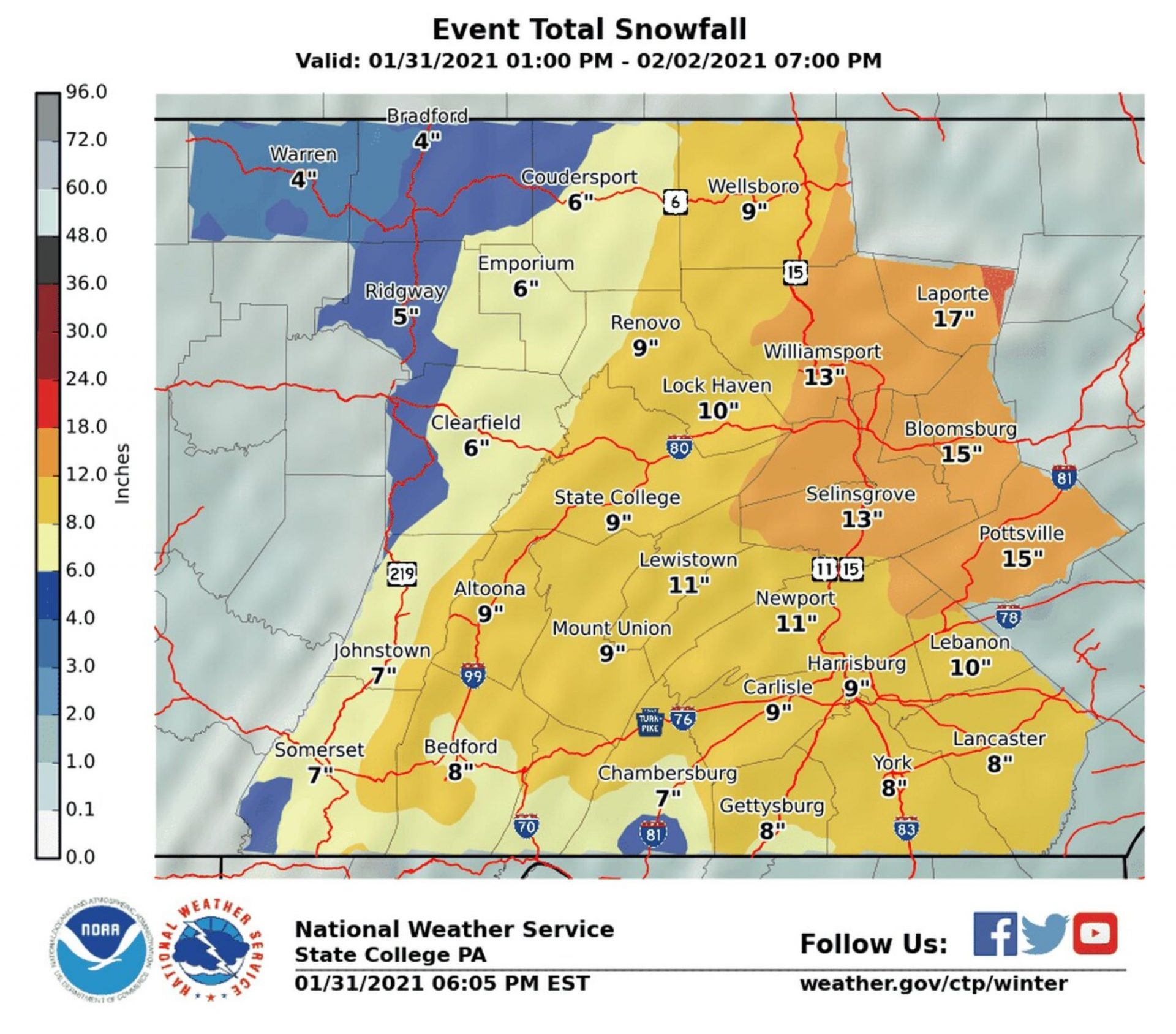 The National Weather Service is predicting more than foot of snow in parts of central Pennsylvania.