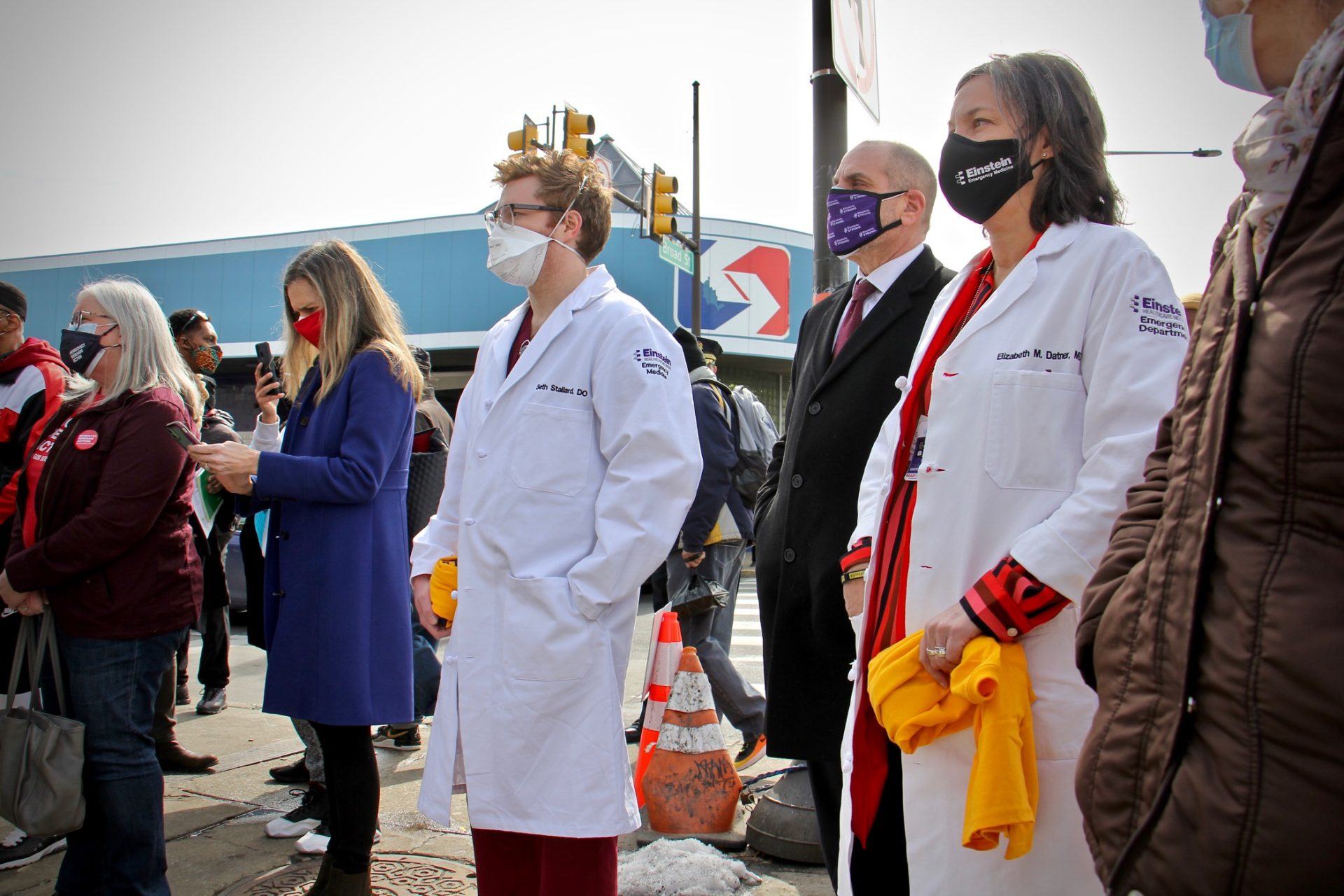 Einstein Medical Center doctors attend a press conference at the Olney Transportation Center, where a mass shooting occurred on Feb. 17, 2021. Seven of the eight victims were treated at nearby Einstein.