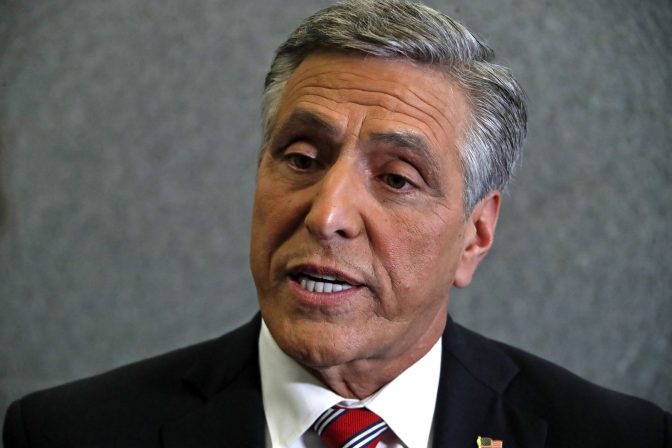 FILE PHOTO: U.S. Rep. Lou Barletta meets with reporters following his second debate with U.S. Sen. Bob Casey, D-PA, Friday Oct. 26, 2018, in the studio of KDKA-TV in Pittsburgh.