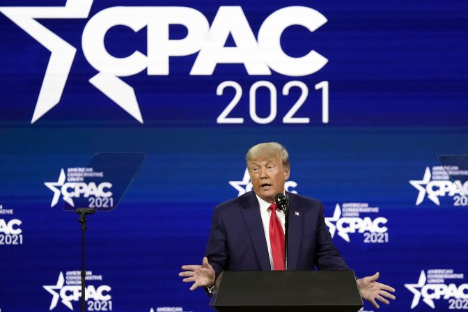Former president Donald Trump speaks at the Conservative Political Action Conference (CPAC) Sunday, Feb. 28, 2021, in Orlando, Fla.